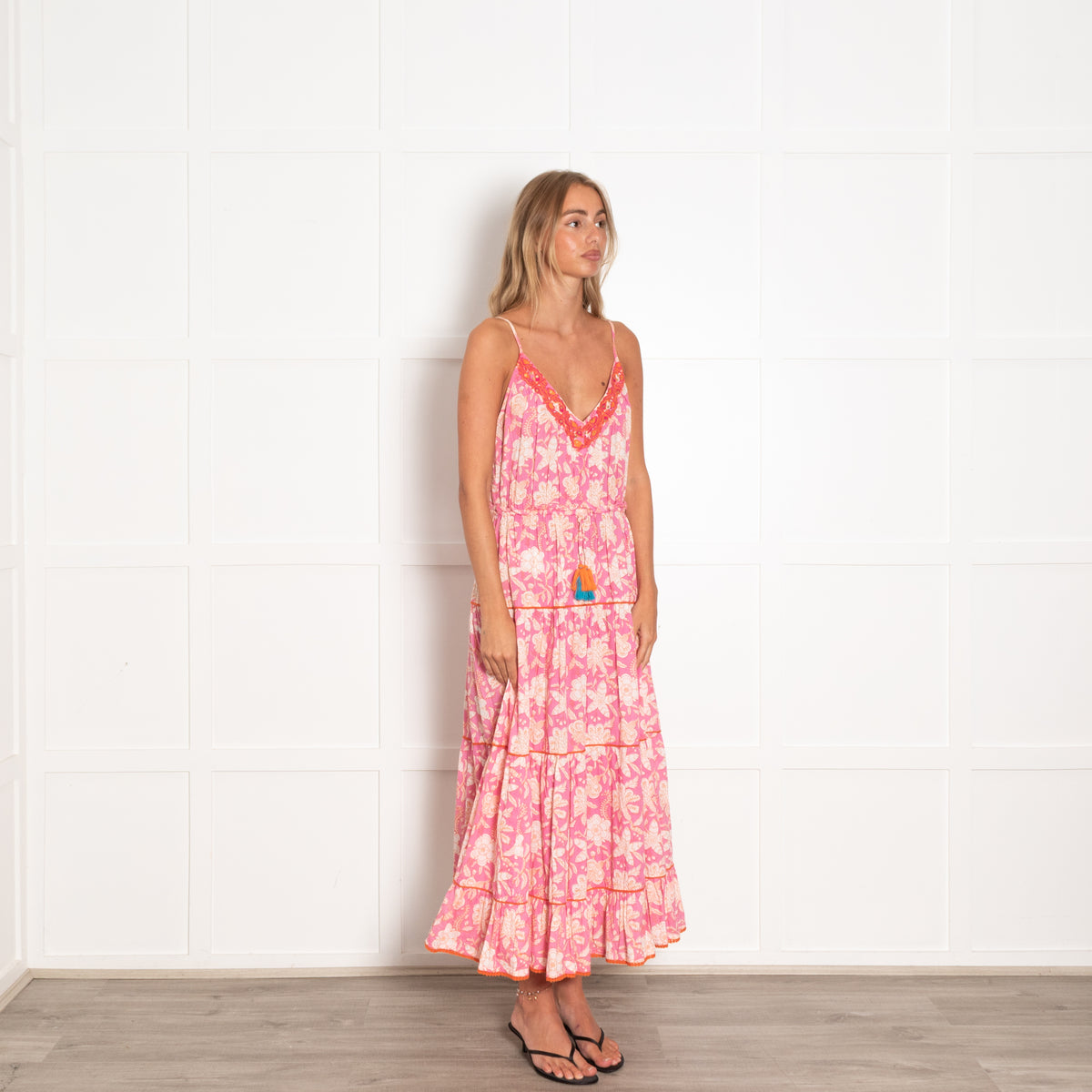 Place Du Soleil Pink Floral Block Print Maxi Dress with Spaghetti Straps