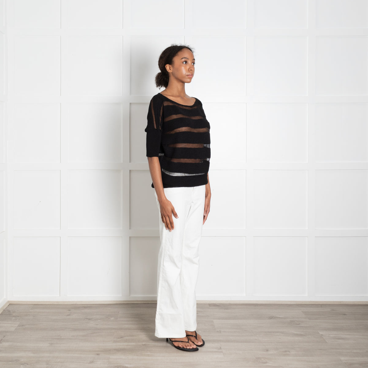 Sarah Pacini Black Stripe Knit Short Sleeve Top