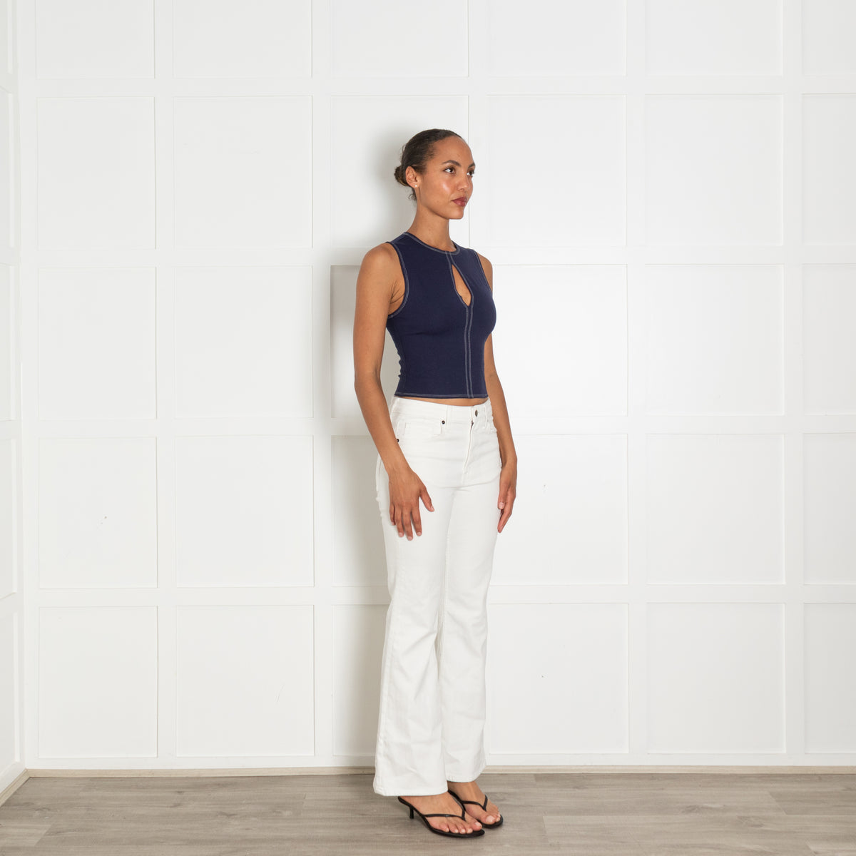 Reformation Navy Tank Top With White Contrast Stitching