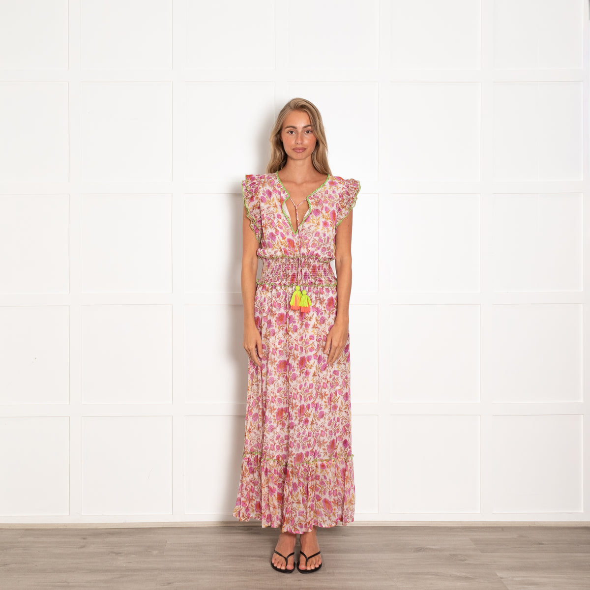 Place Du Soleil Pink Block Print Maxi Dress with Lime Trim