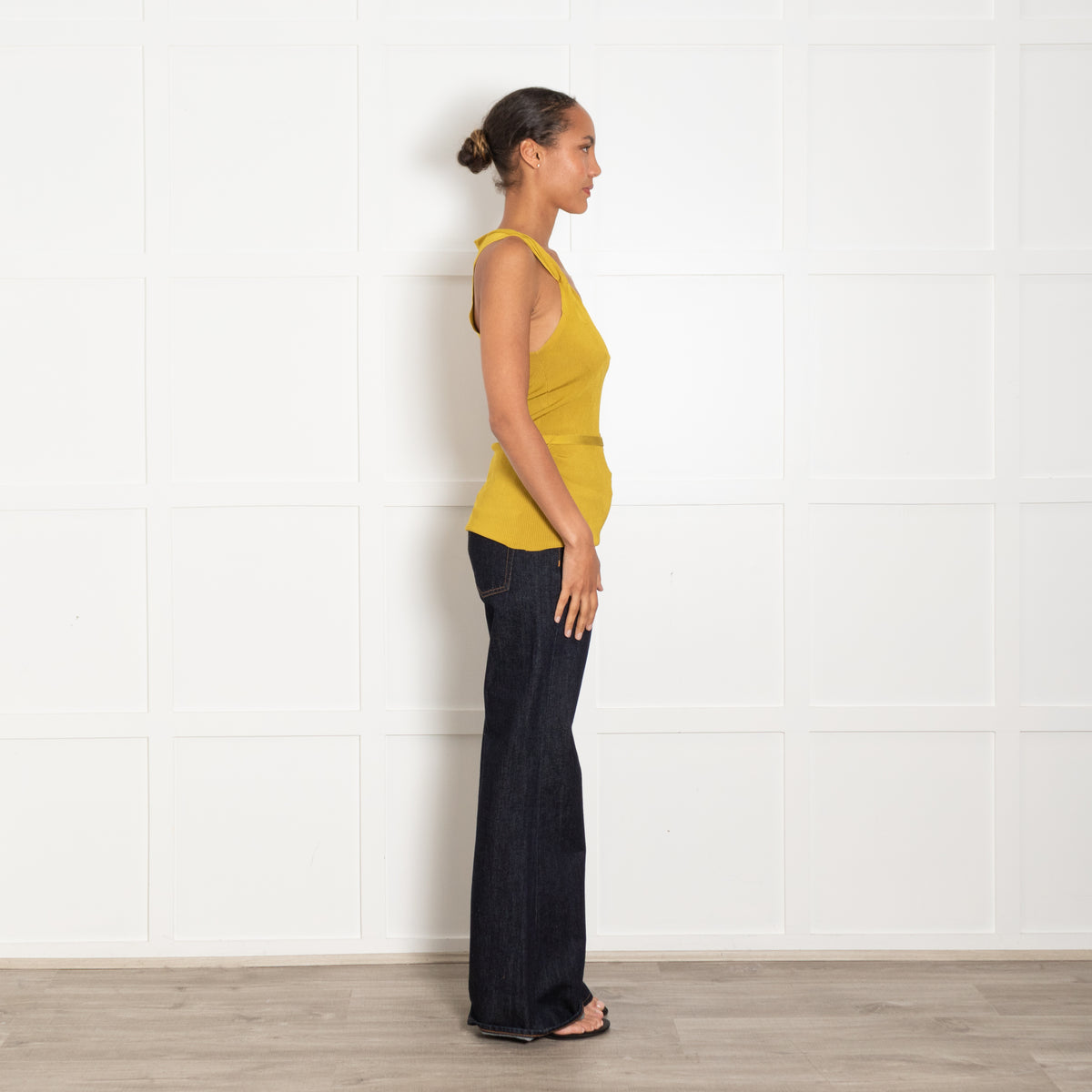 Gucci Mustard Ribbed Sleeveless Knot Detail Belted Top