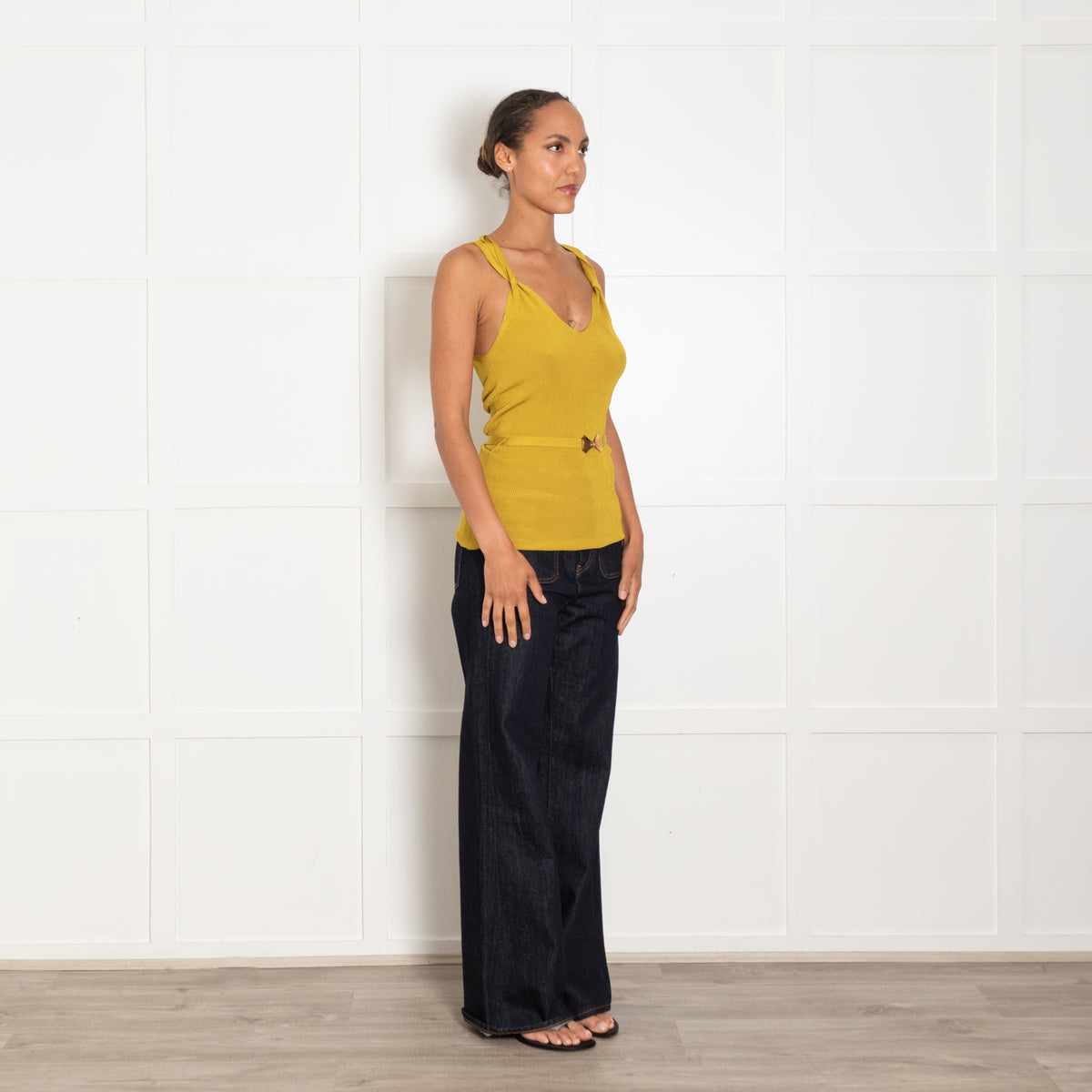 Gucci Mustard Ribbed Sleeveless Knot Detail Belted Top