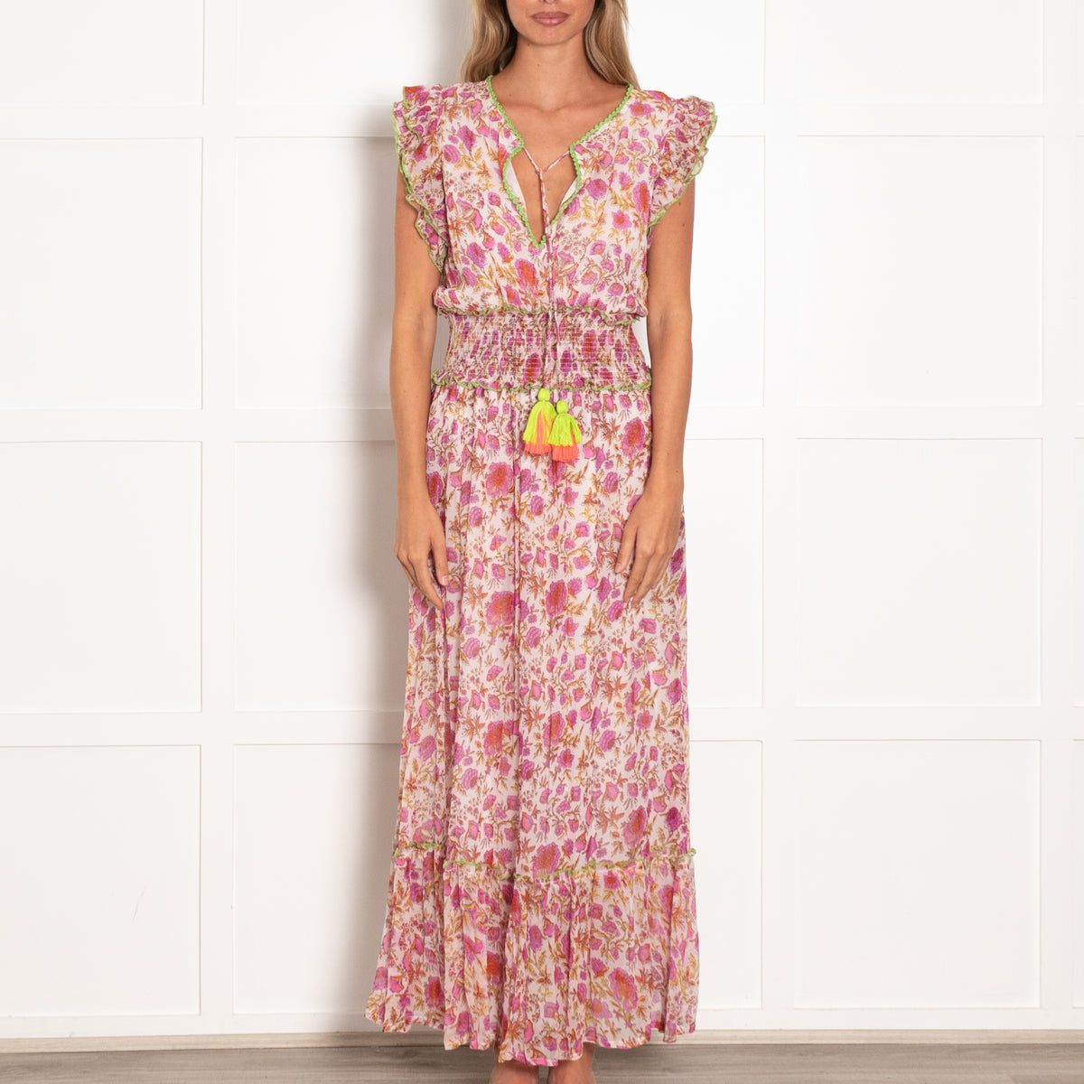 Place Du Soleil Pink Block Print Maxi Dress with Lime Trim