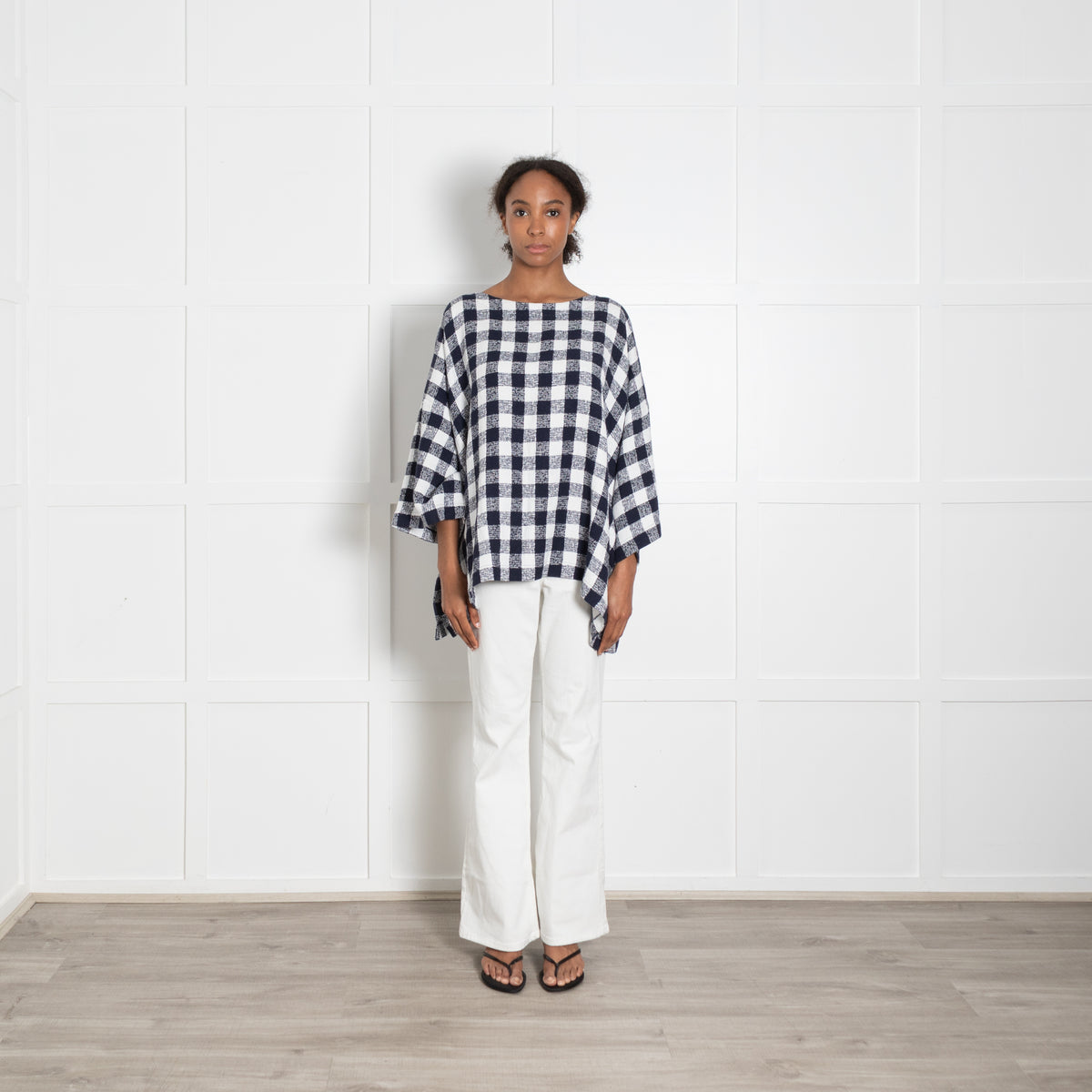 Eskandar White Navy Blue Textured Large Check Oversized Top