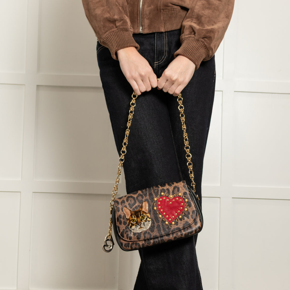 Dolce & Gabbana Brown Leopard Print Fabric Cat Heart Motif Shoulder Bag