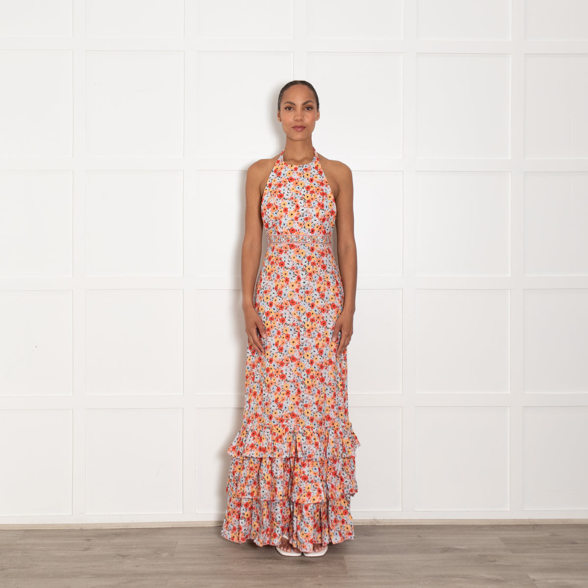 Agua Bendita Pink Blue Red Floral Linen Halter Maxi Dress