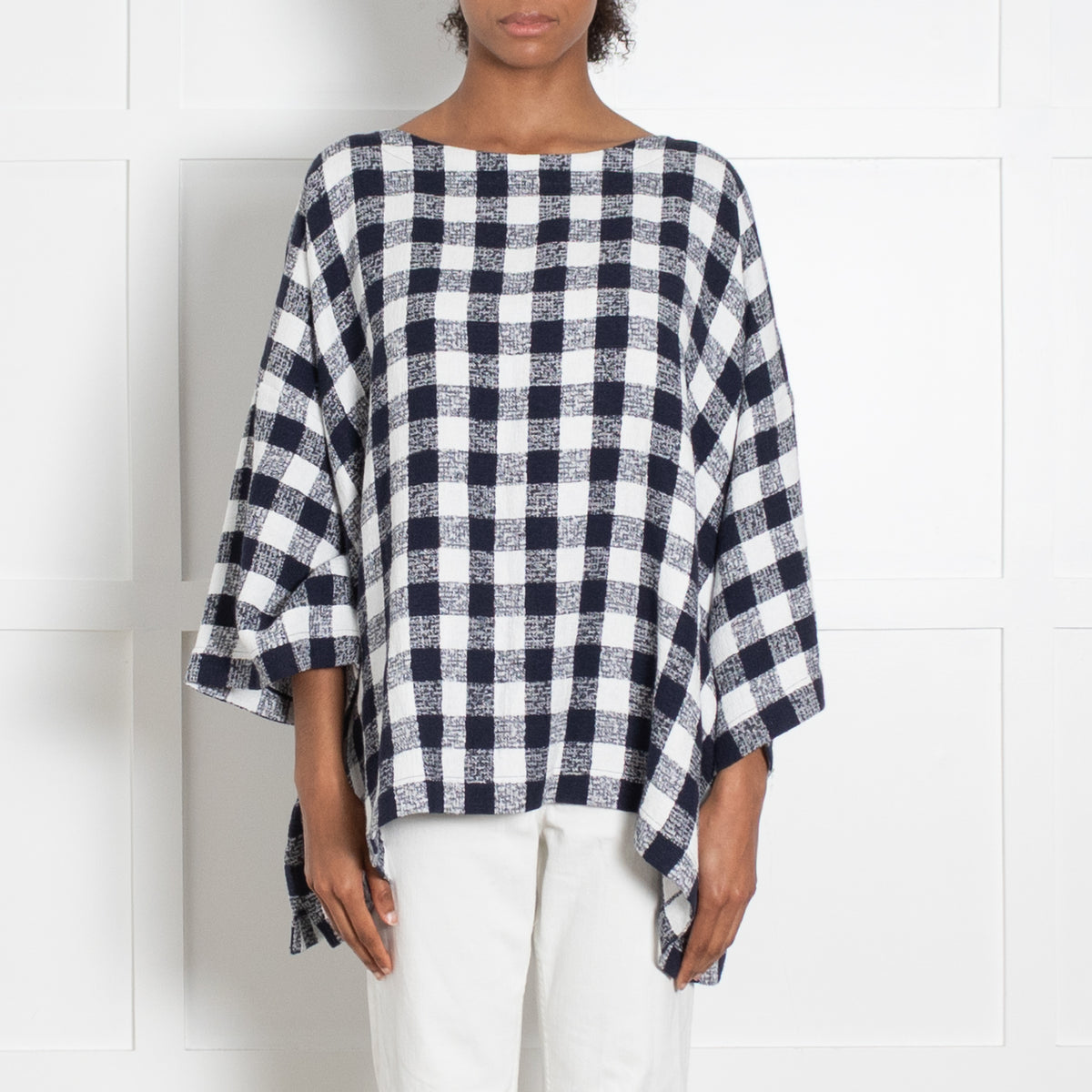 Eskandar White Navy Blue Textured Large Check Oversized Top