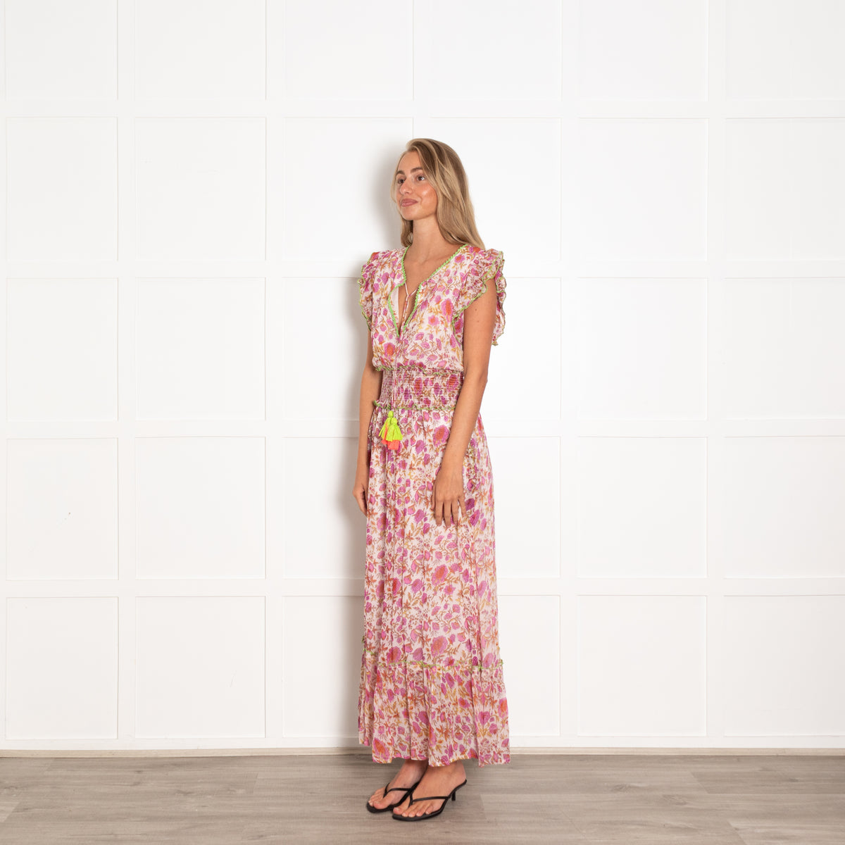 Place Du Soleil Pink Block Print Maxi Dress with Lime Trim