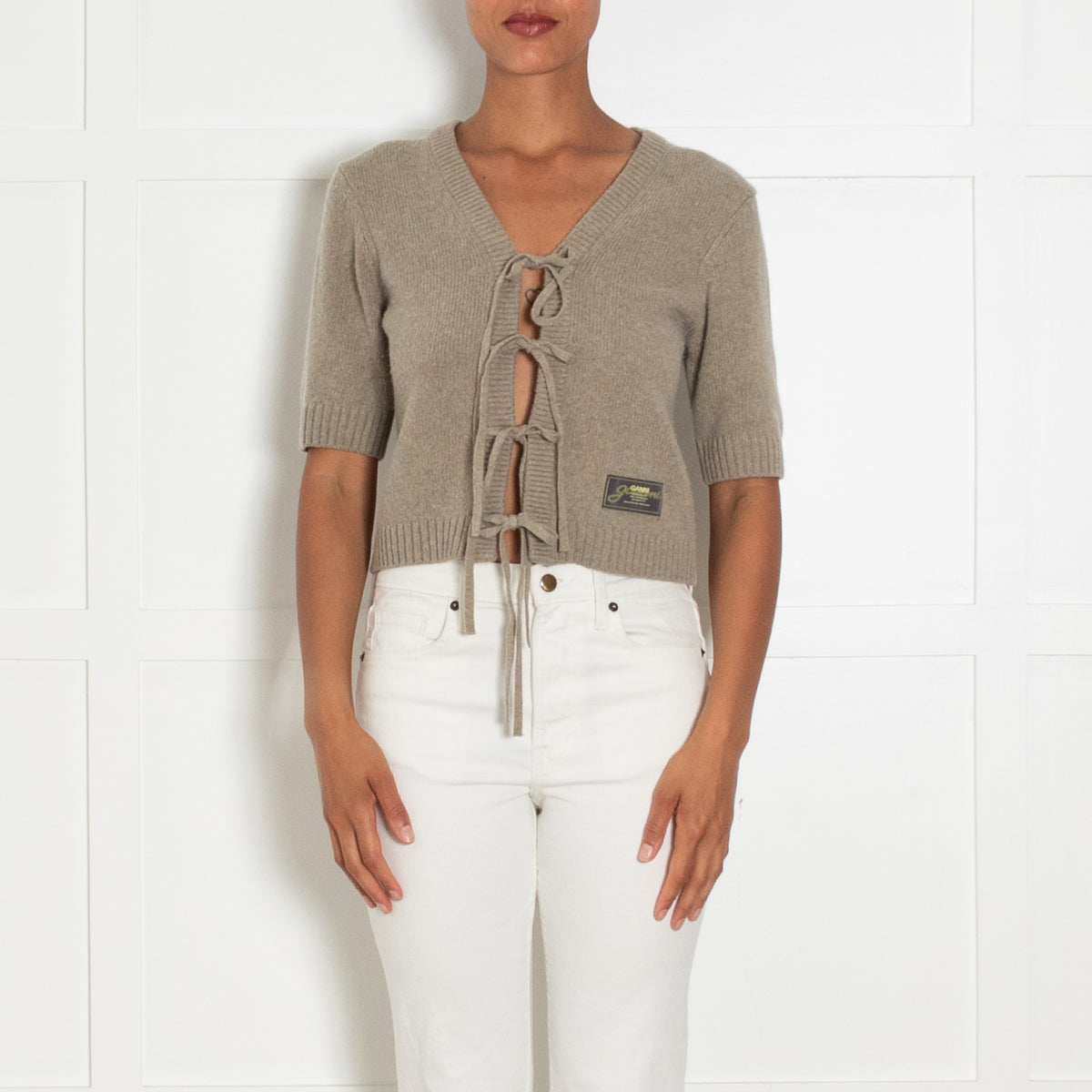 Ganni  Front Tie V Neck Cardigan With Front Logo Patch
