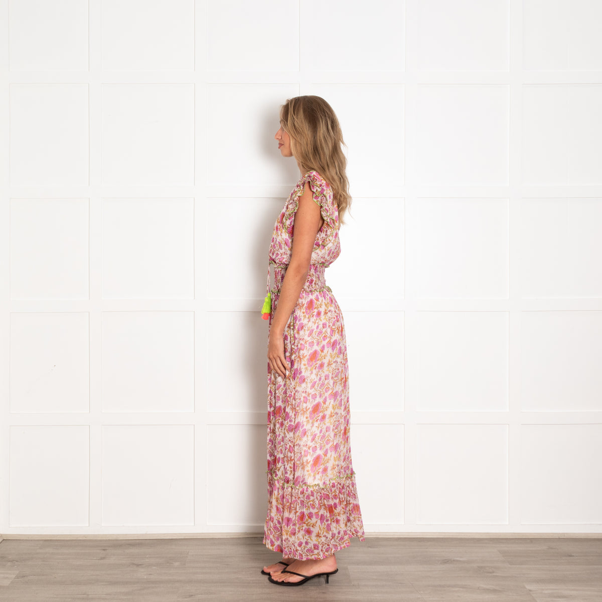 Place Du Soleil Pink Block Print Maxi Dress with Lime Trim