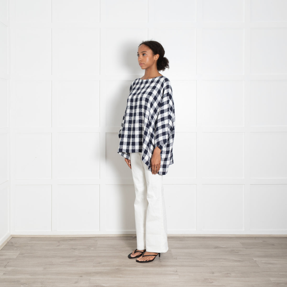 Eskandar White Navy Blue Textured Large Check Oversized Top