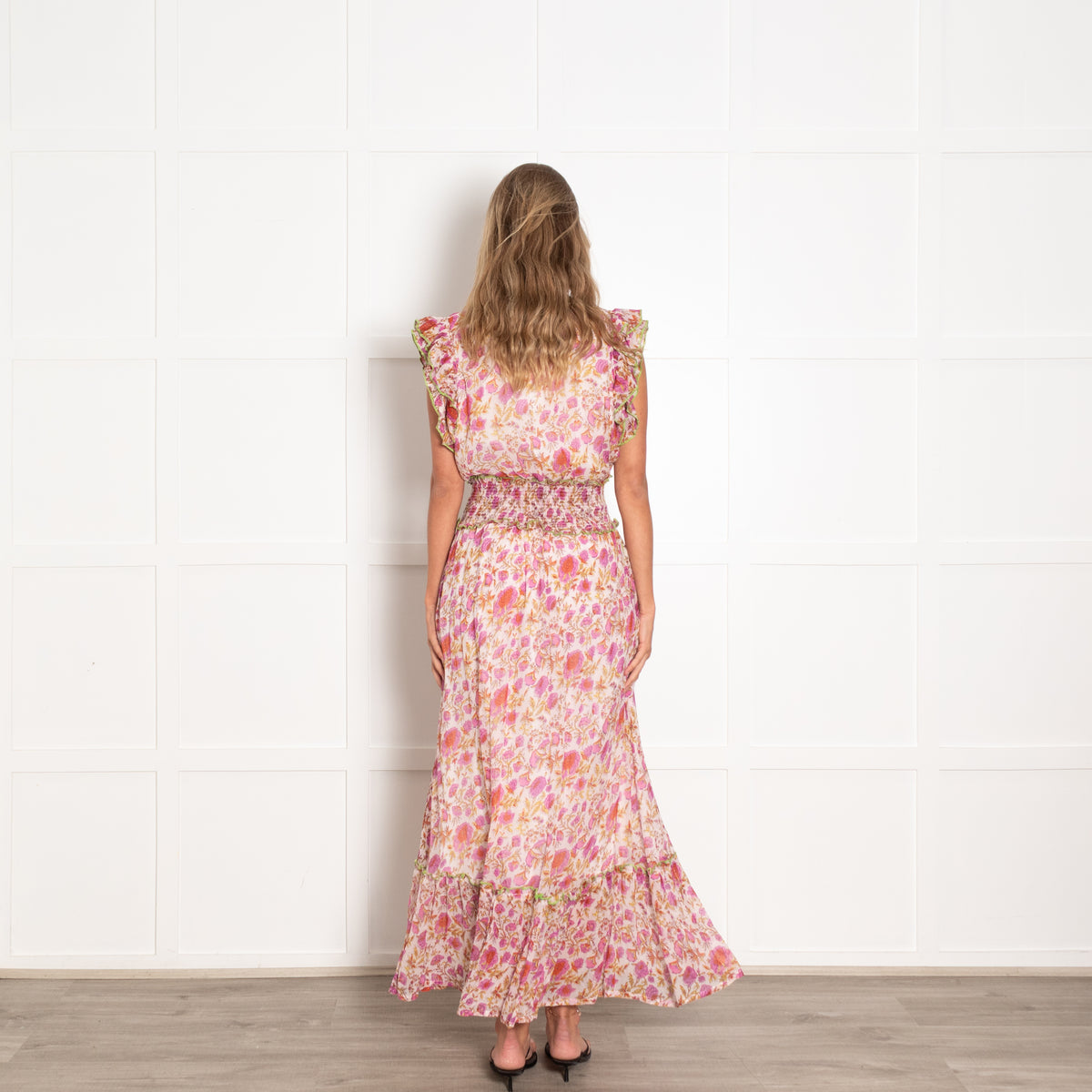 Place Du Soleil Pink Block Print Maxi Dress with Lime Trim
