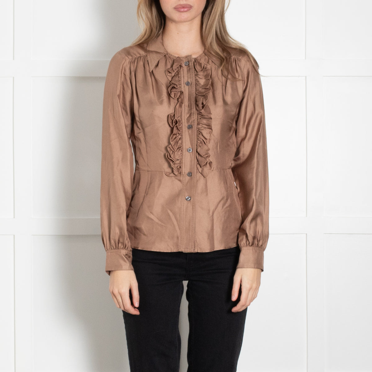 Louis Vuitton Brown Frill Detail Front Open Silk Shirt