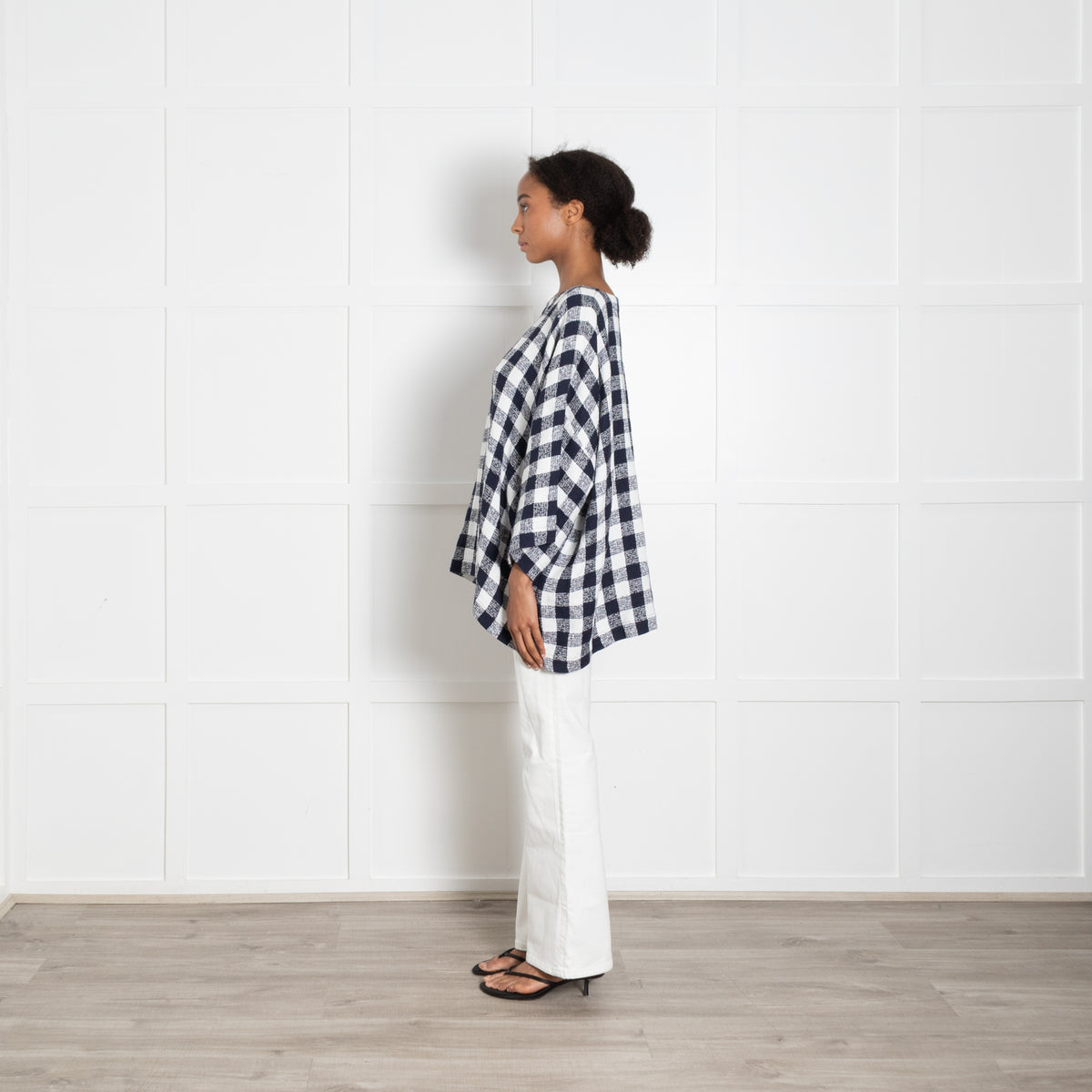 Eskandar White Navy Blue Textured Large Check Oversized Top
