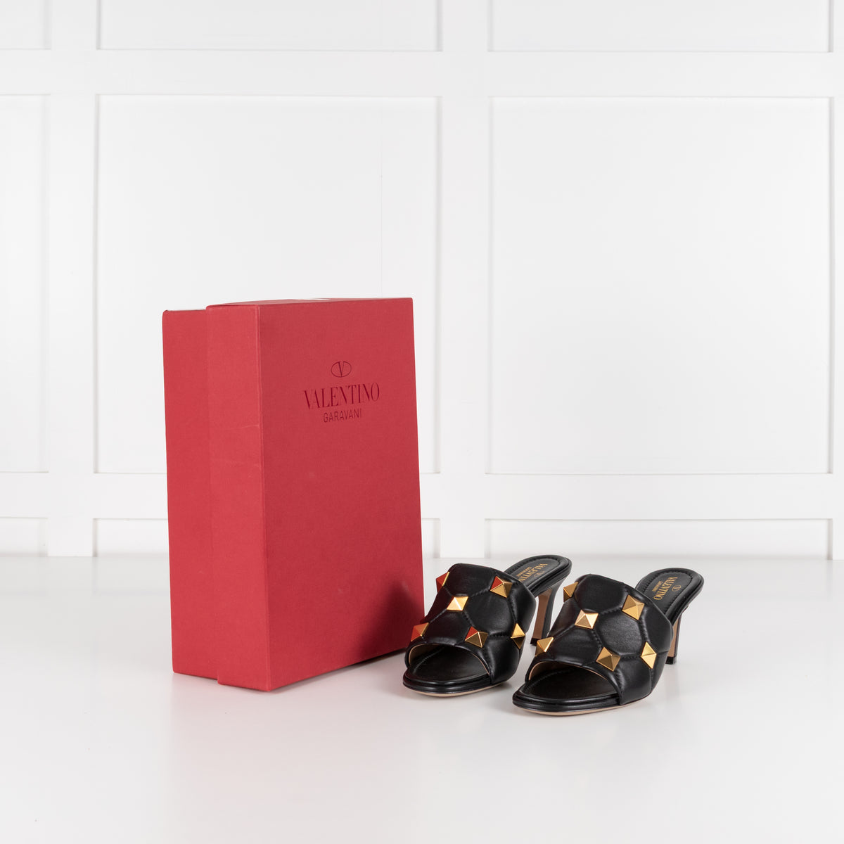 Valentino Garavani Black Roman Gold Stud Quilted Leather Slides