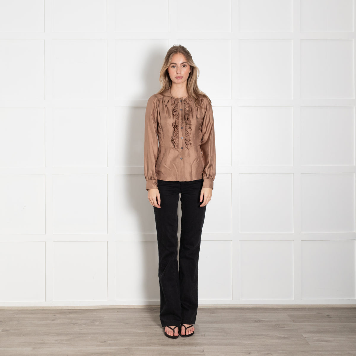 Louis Vuitton Brown Frill Detail Front Open Silk Shirt