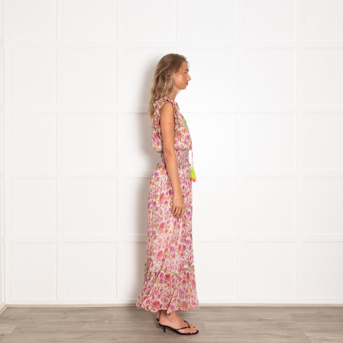Place Du Soleil Pink Block Print Maxi Dress with Lime Trim
