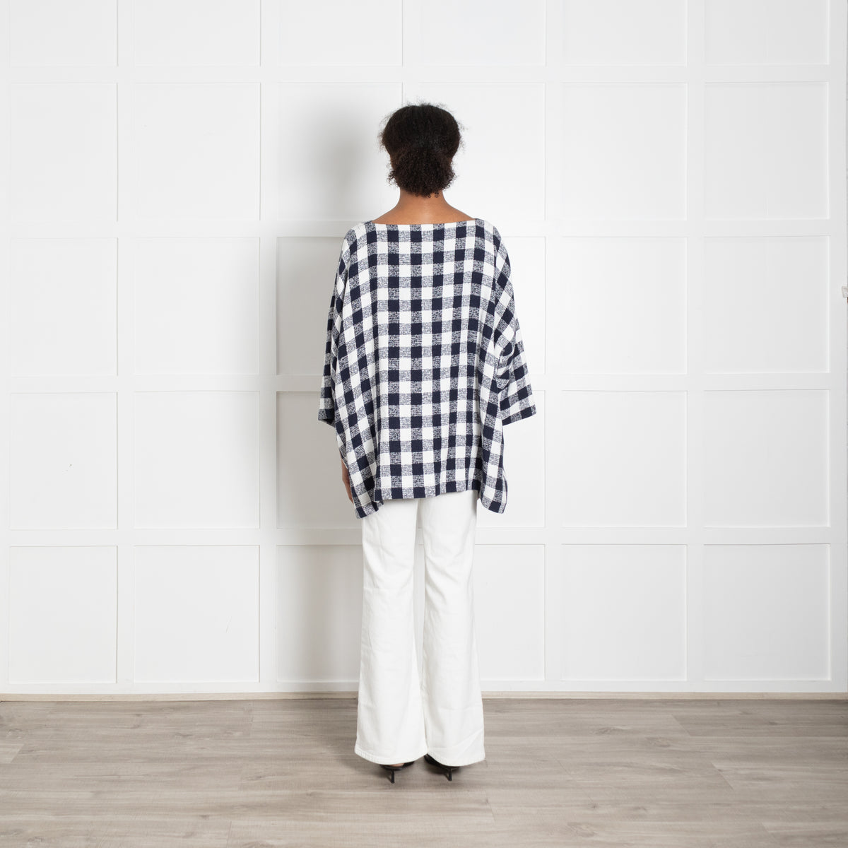 Eskandar White Navy Blue Textured Large Check Oversized Top