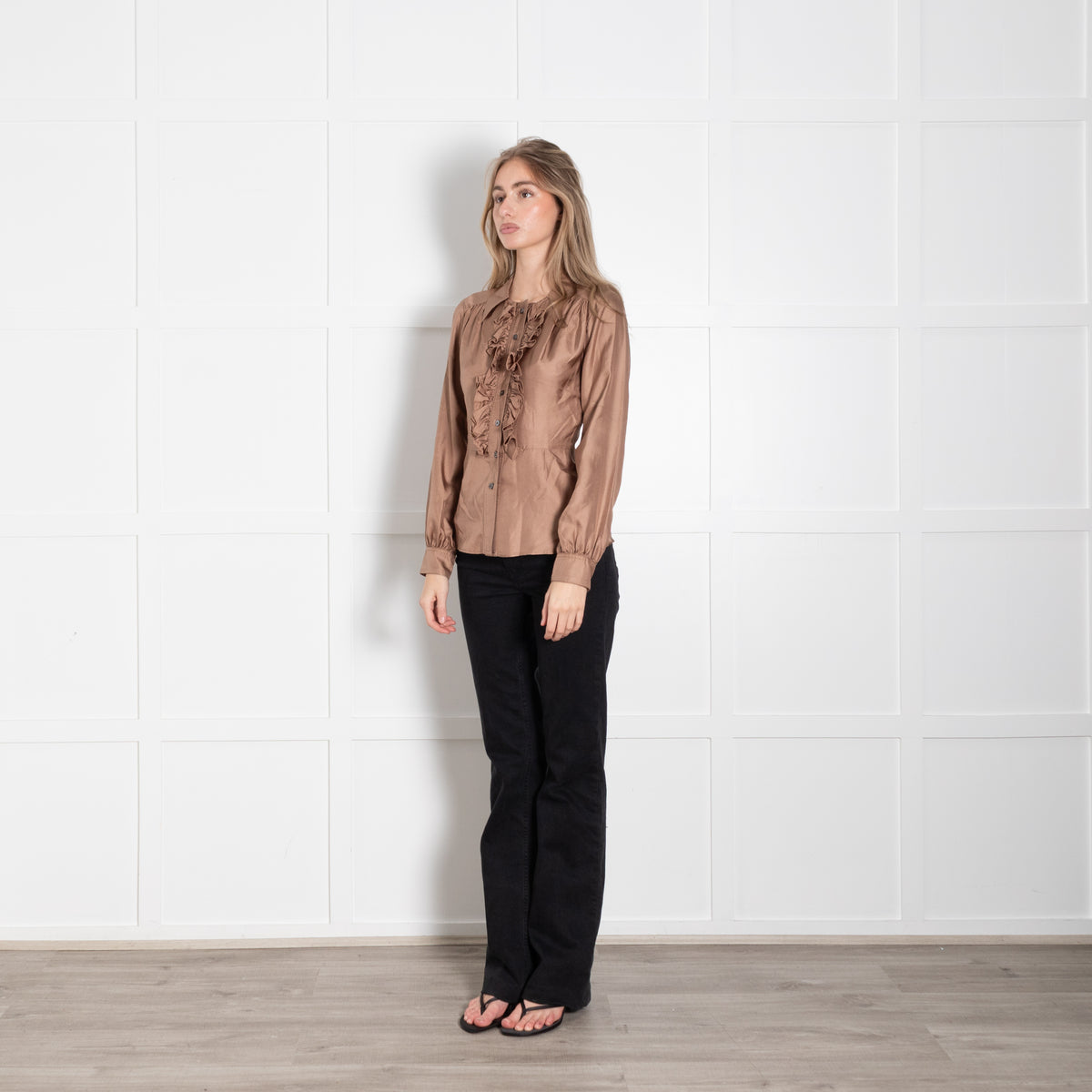 Louis Vuitton Brown Frill Detail Front Open Silk Shirt