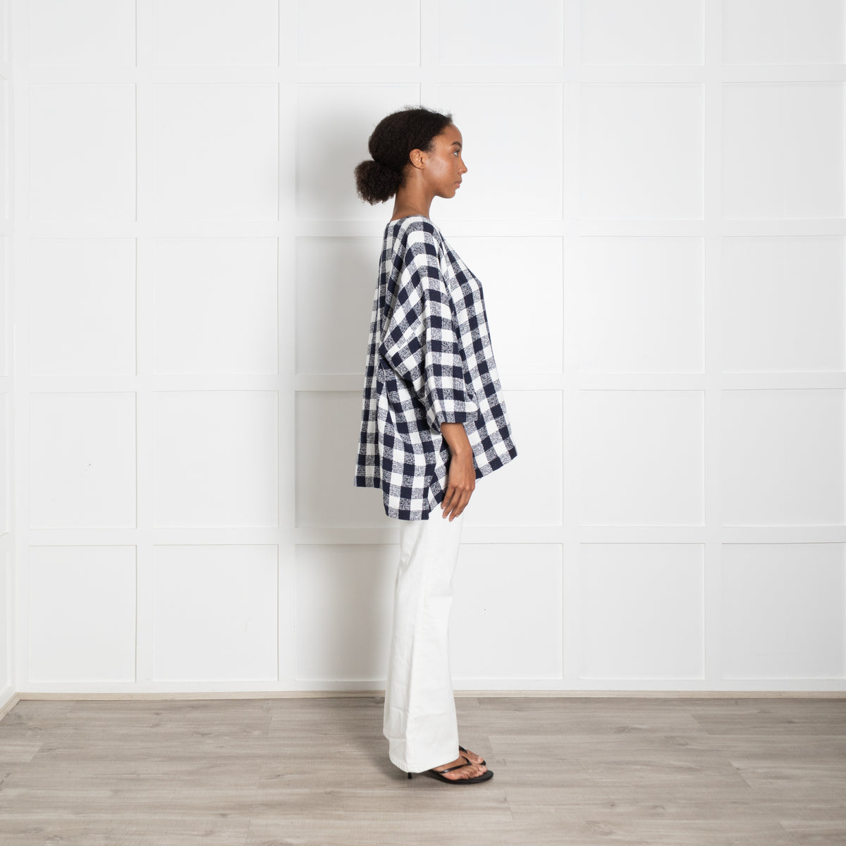 Eskandar White Navy Blue Textured Large Check Oversized Top