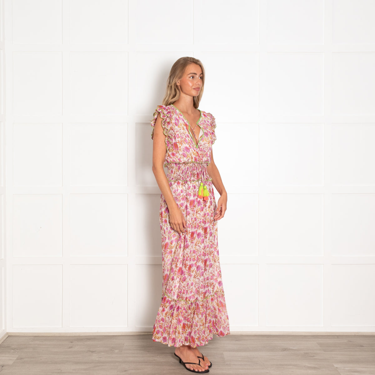 Place Du Soleil Pink Block Print Maxi Dress with Lime Trim