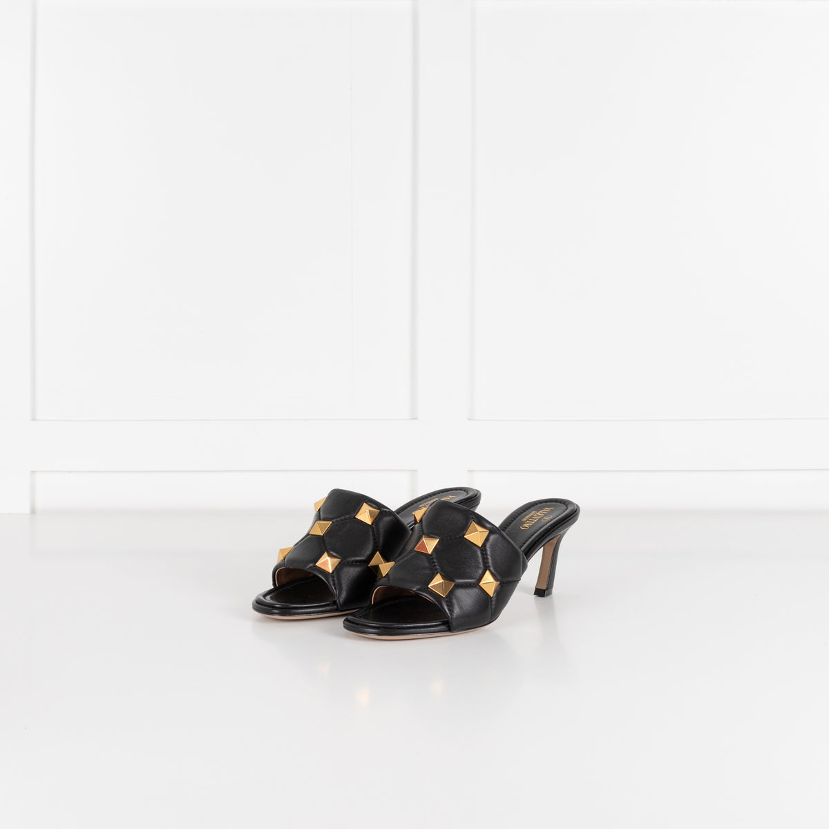 Valentino Garavani Black Roman Gold Stud Quilted Leather Slides