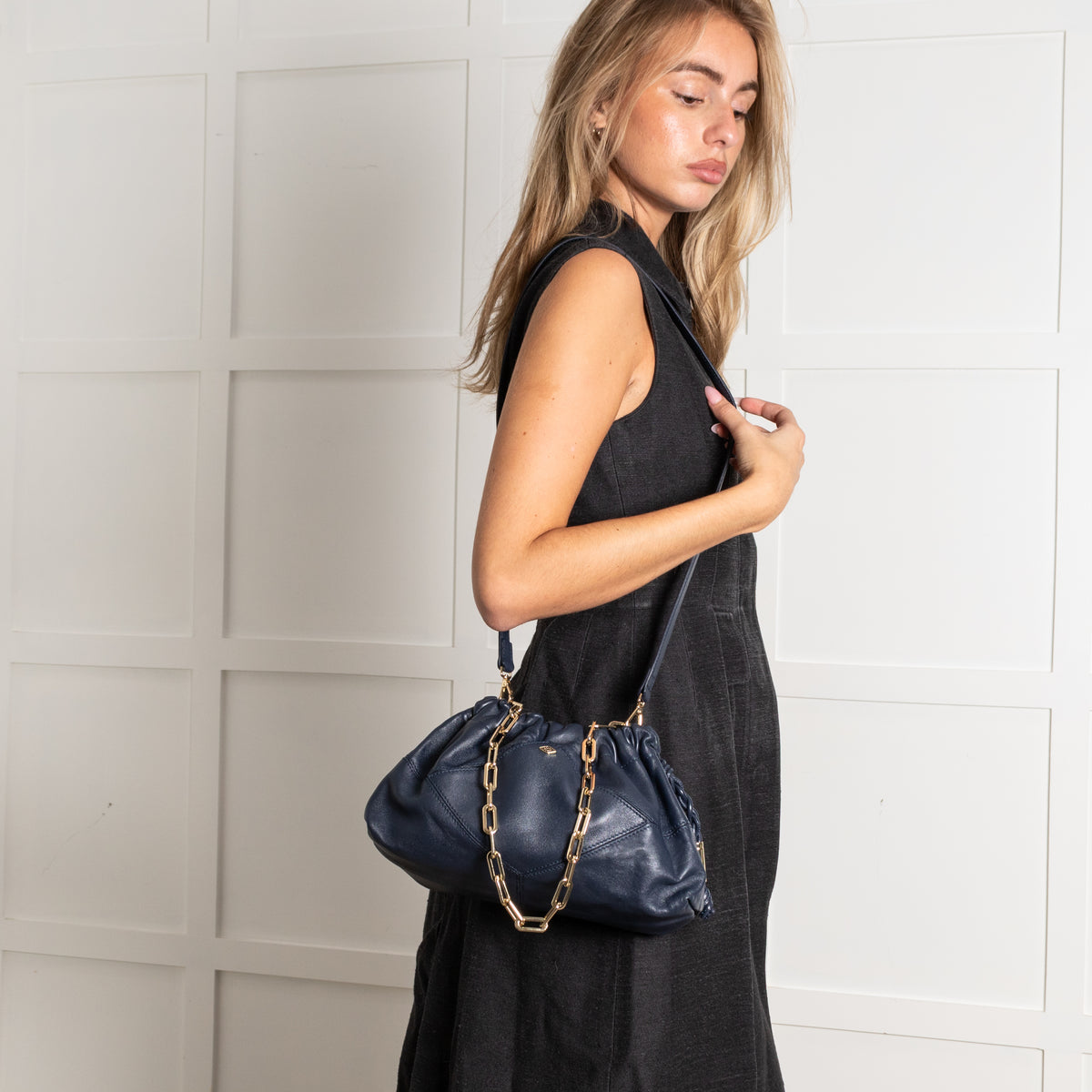 Ba&sh Navy Mini June Leather Crossbody Bag