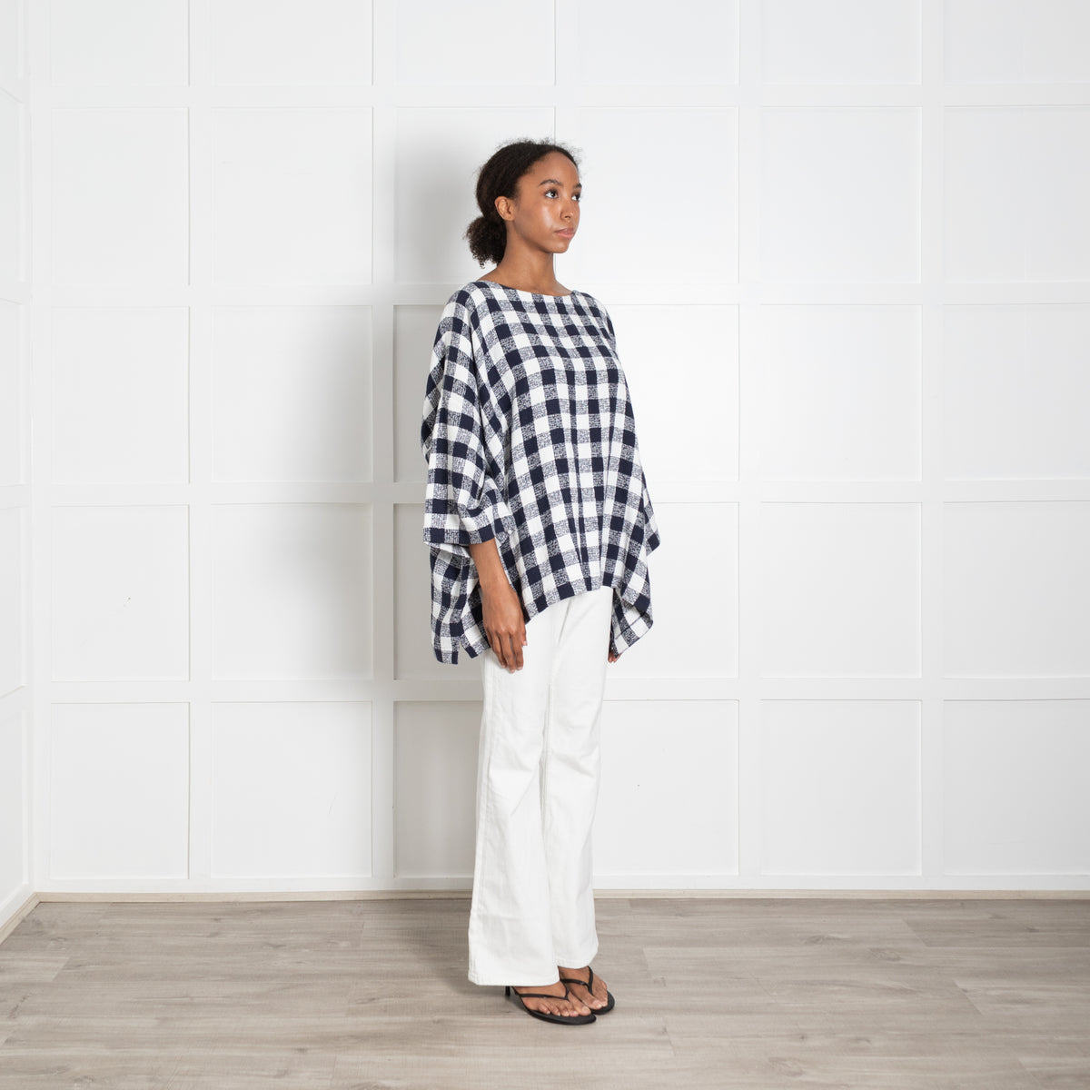 Eskandar White Navy Blue Textured Large Check Oversized Top