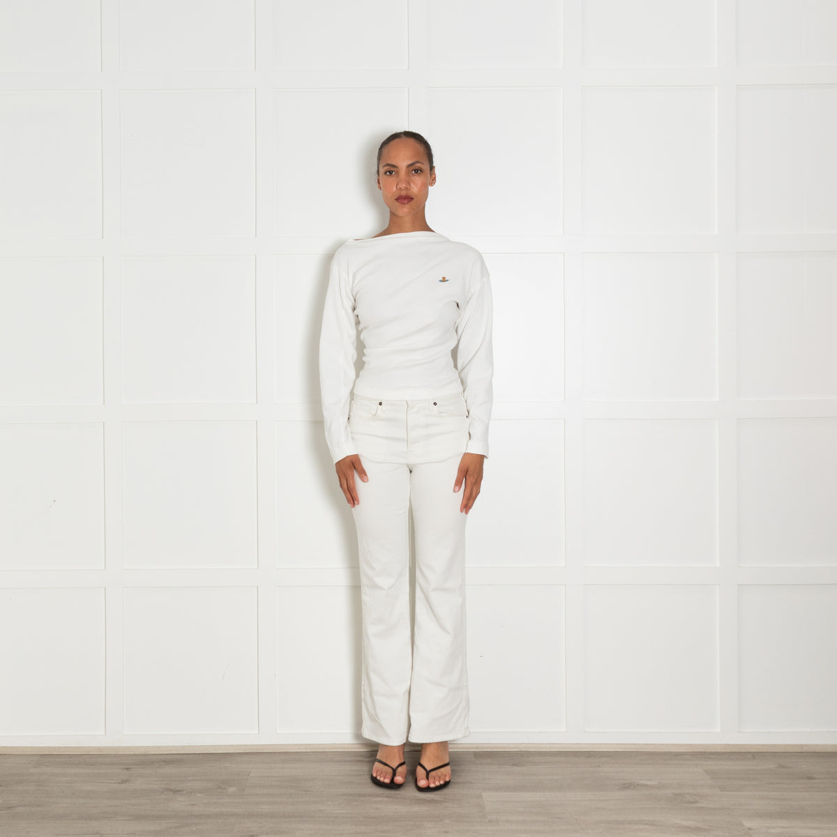 Vivienne Westwood White Longsleeve Asymmetric Ribbed Top With Embroidered Logo