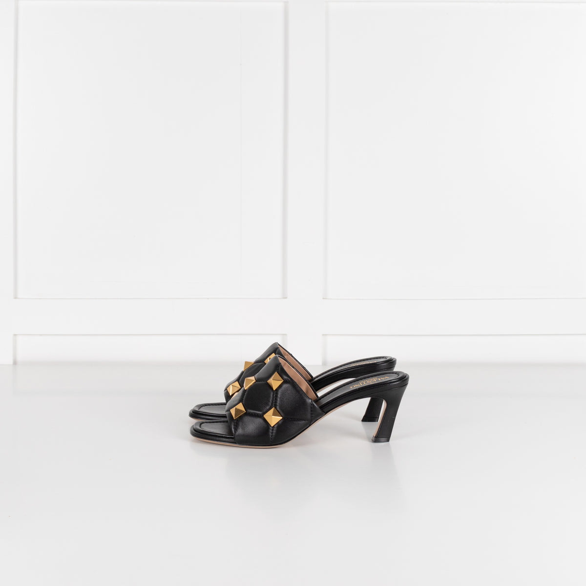 Valentino Garavani Black Roman Gold Stud Quilted Leather Slides