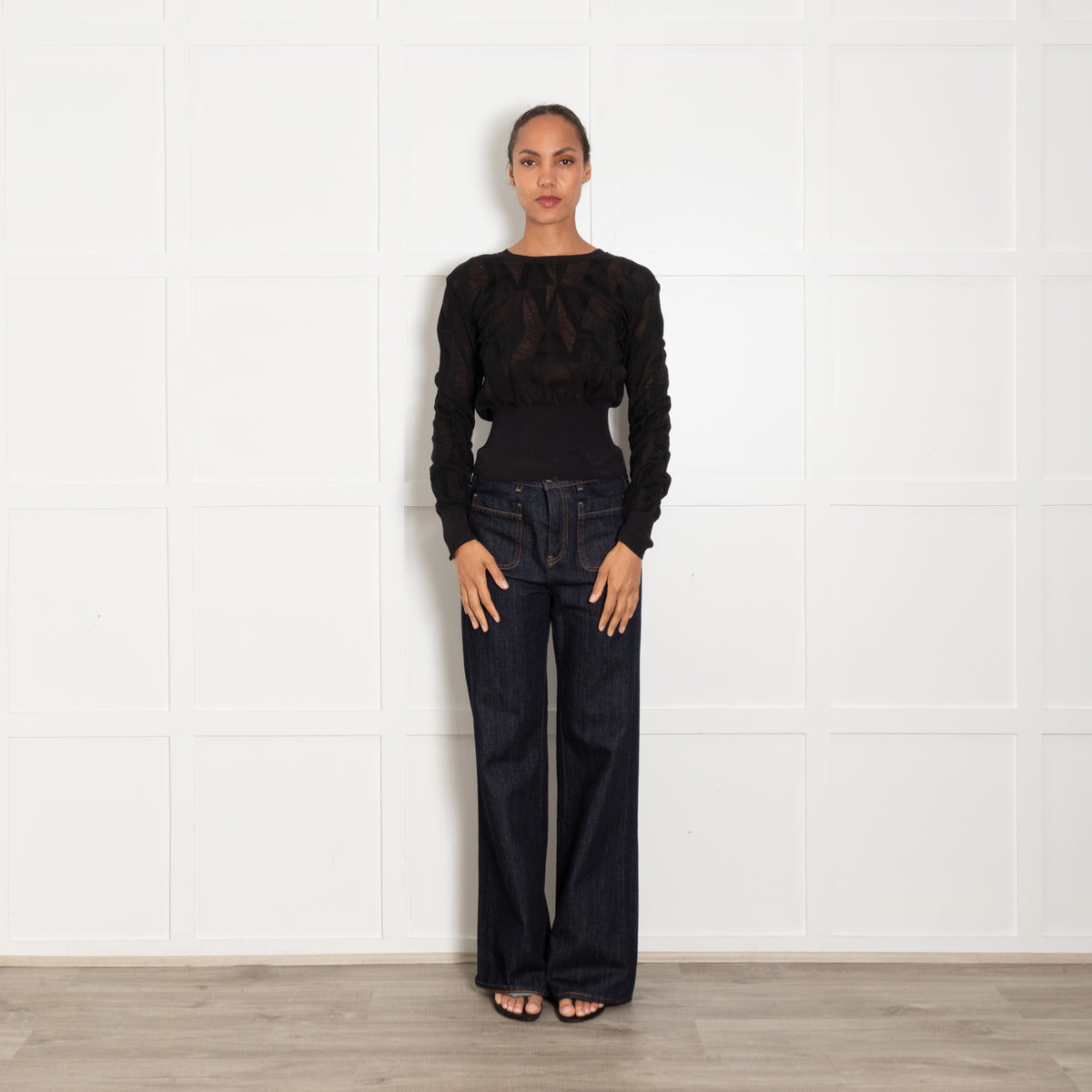 M Missoni Black Mesh Knit Cropped Long Sleeve Top