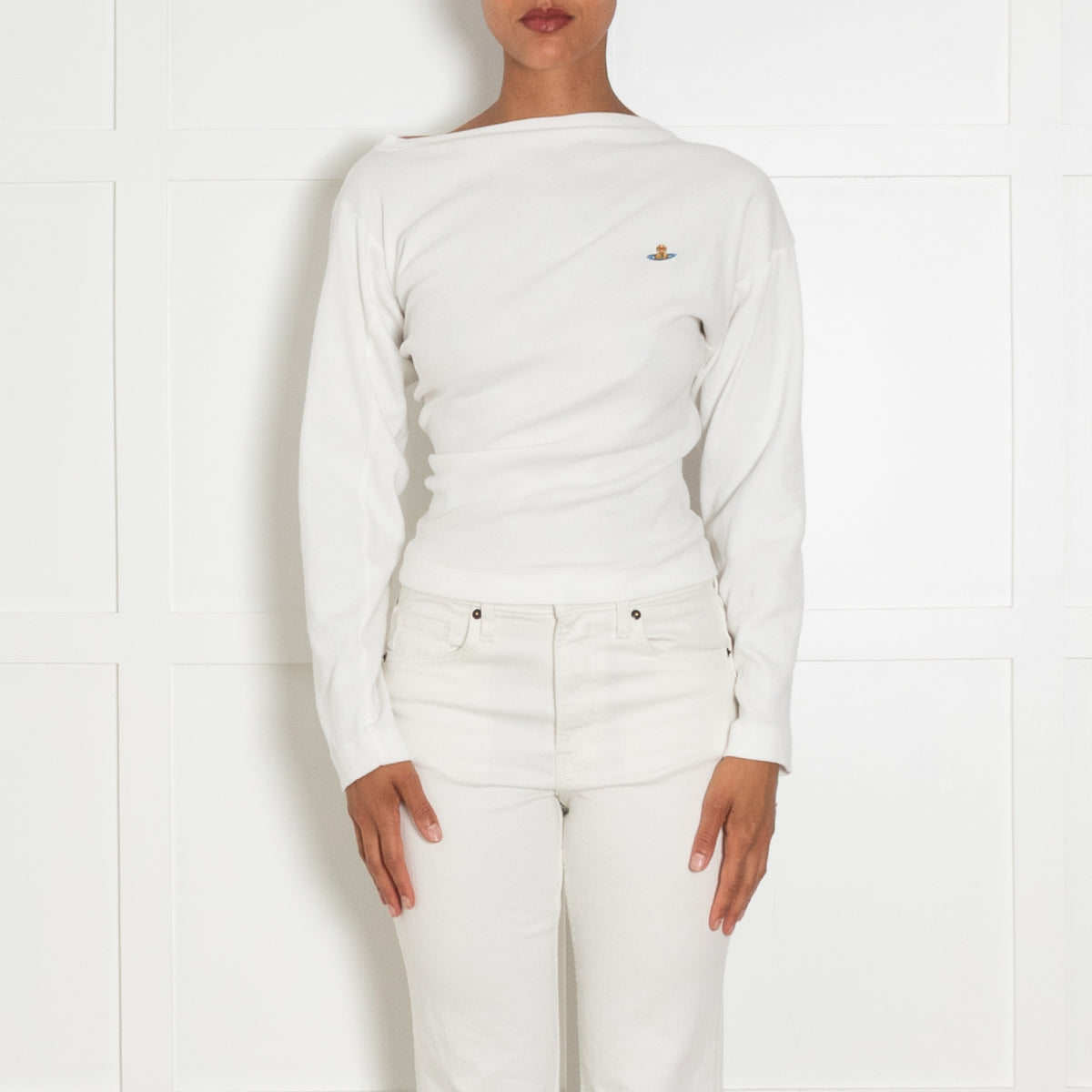 Vivienne Westwood White Longsleeve Asymmetric Ribbed Top With Embroidered Logo