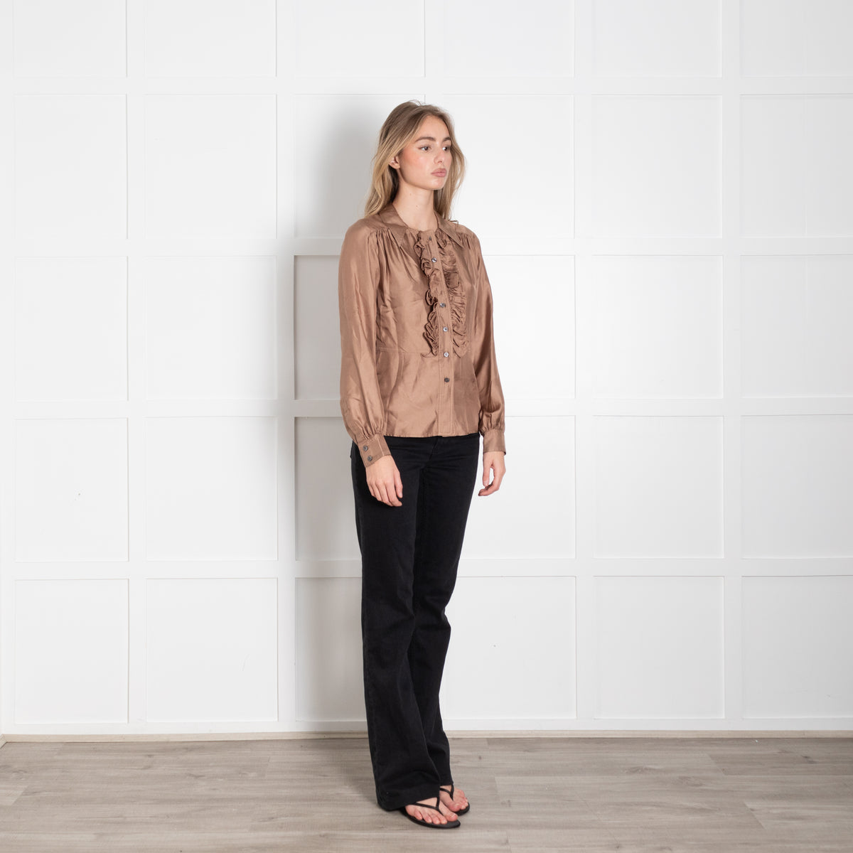 Louis Vuitton Brown Frill Detail Front Open Silk Shirt