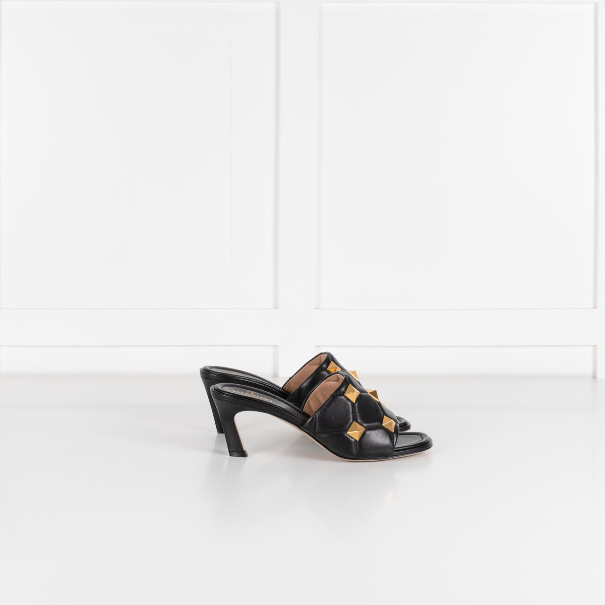 Valentino Garavani Black Roman Gold Stud Quilted Leather Slides