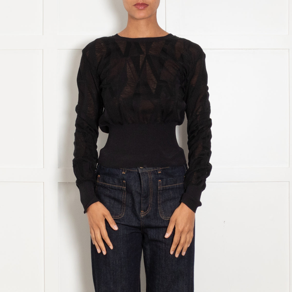 M Missoni Black Mesh Knit Cropped Long Sleeve Top