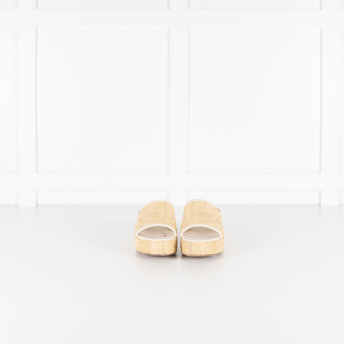 Valentino Garavani Beige Raffia Leather Platform Slides