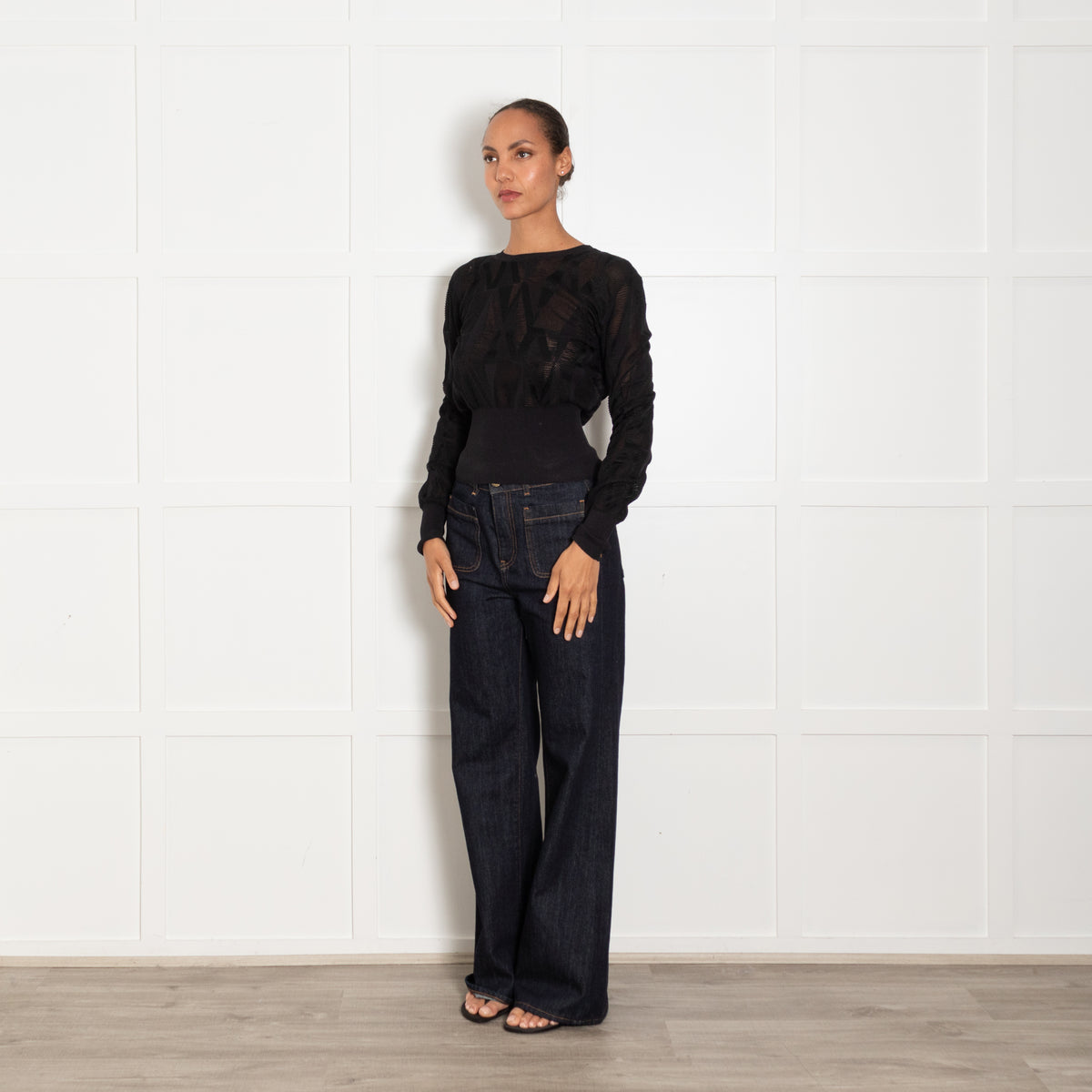 M Missoni Black Mesh Knit Cropped Long Sleeve Top