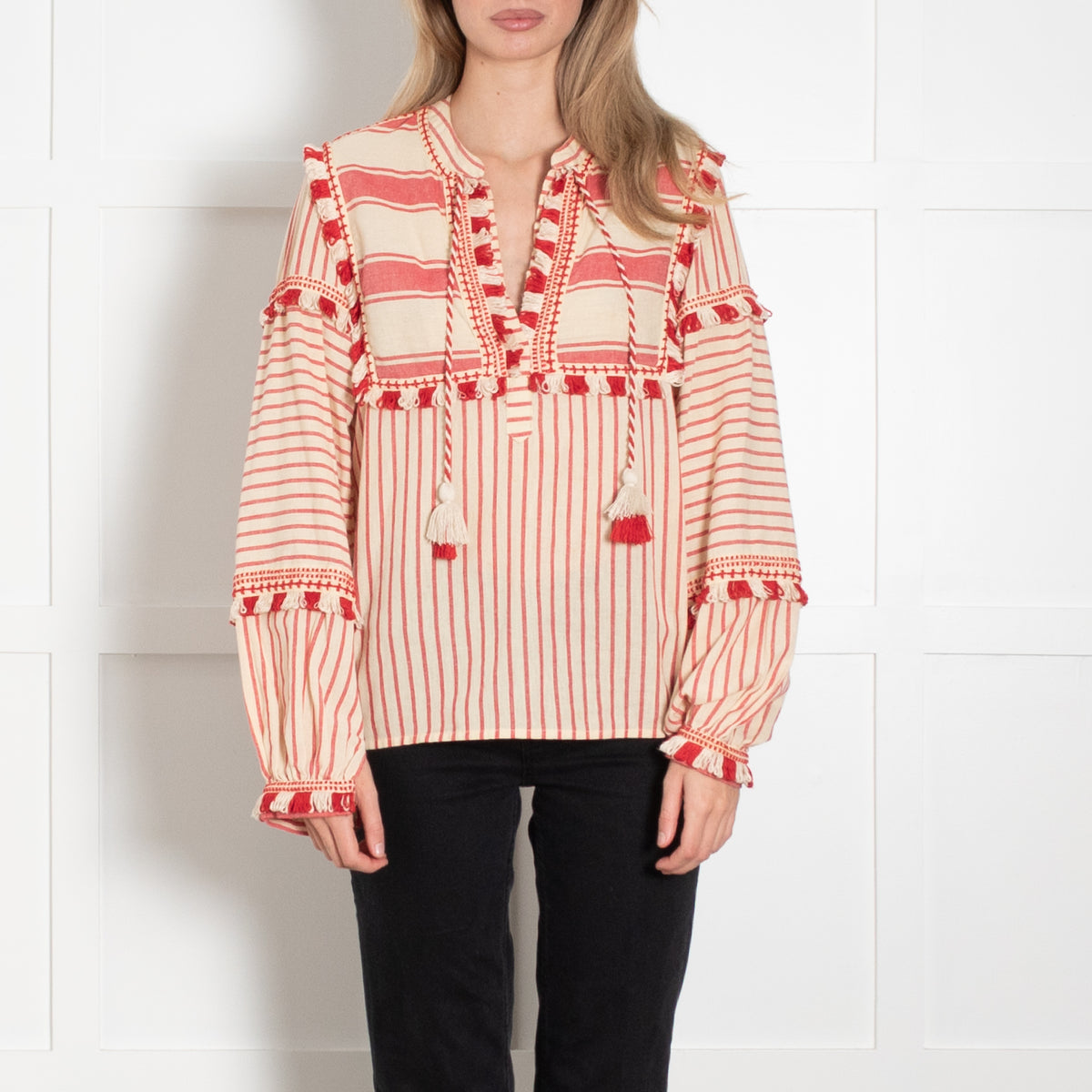 Dodo Bar Or Cream Red Cotton Fringe Trim Kaftan Top