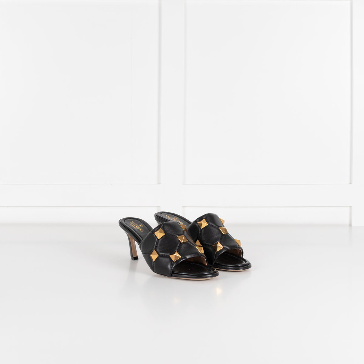 Valentino Garavani Black Roman Gold Stud Quilted Leather Slides