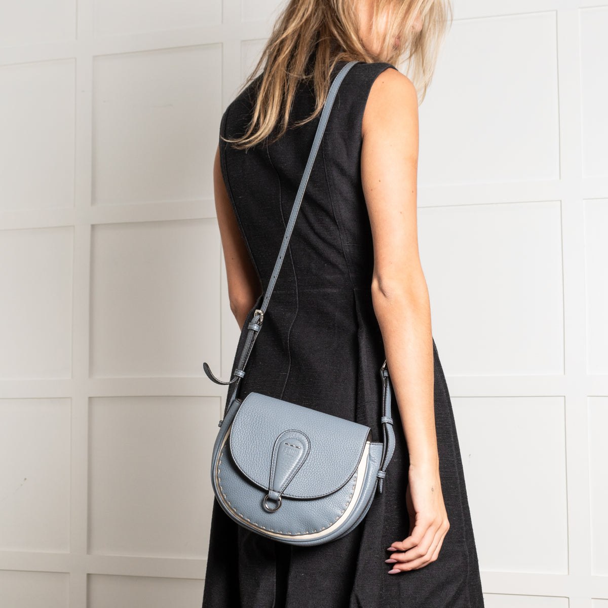 Fendi Blue Selleria Round Saddle Textured Leather Bag