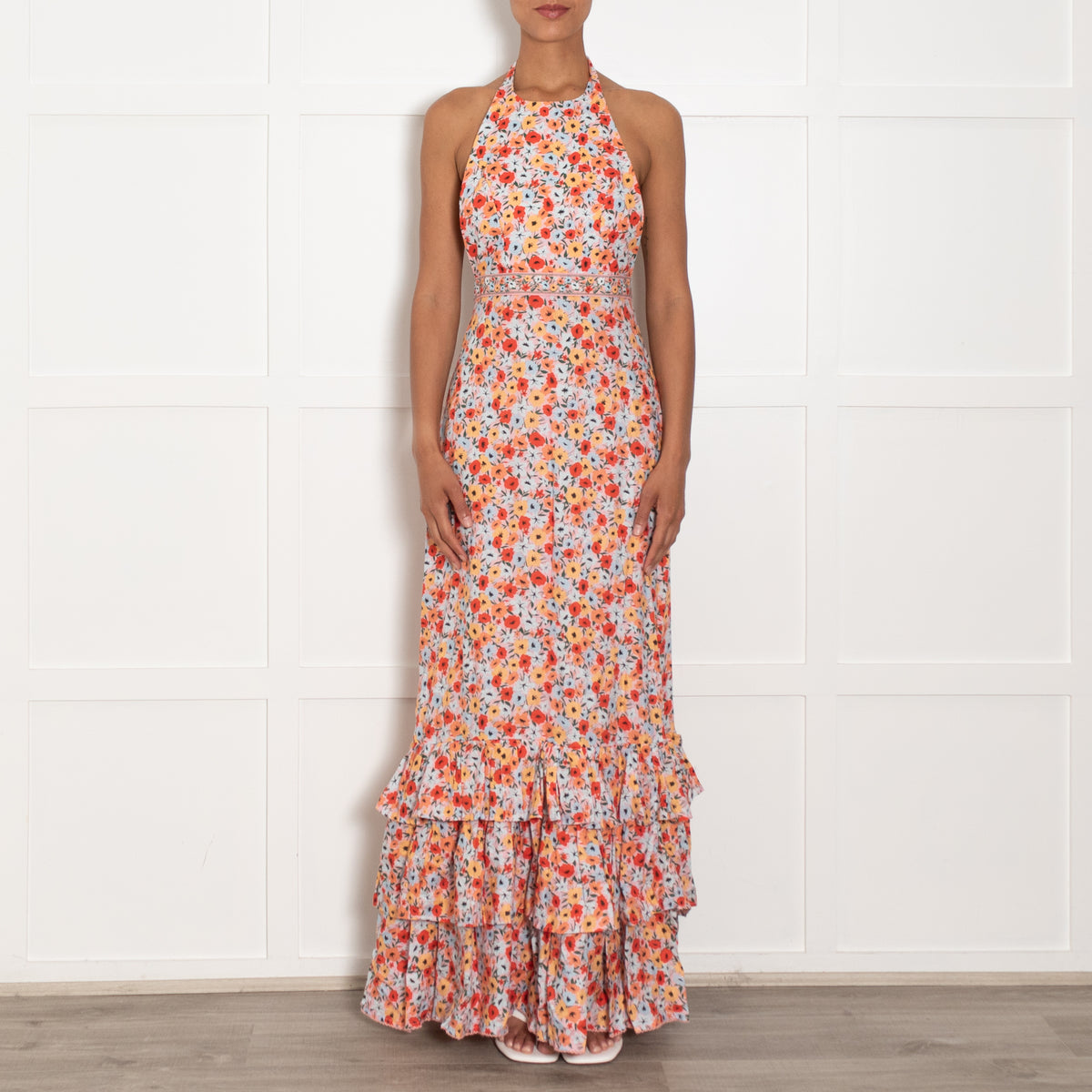 Agua Bendita Pink Blue Red Floral Linen Halter Maxi Dress