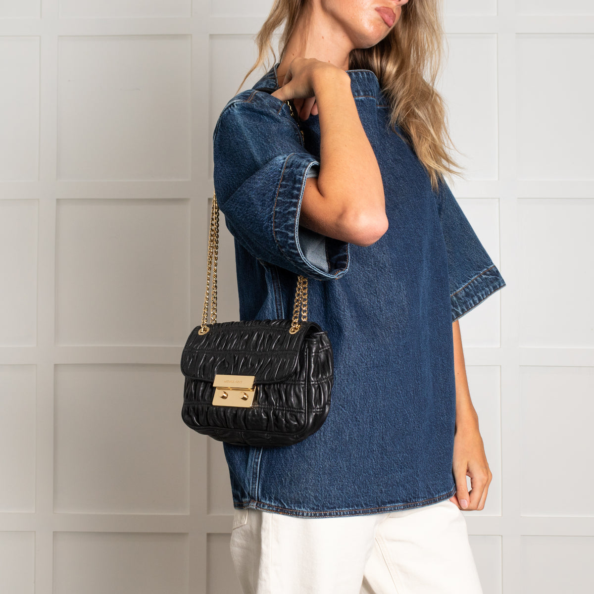 Michael Kors Black Leather Ruched Gold Chain Small Crossbody