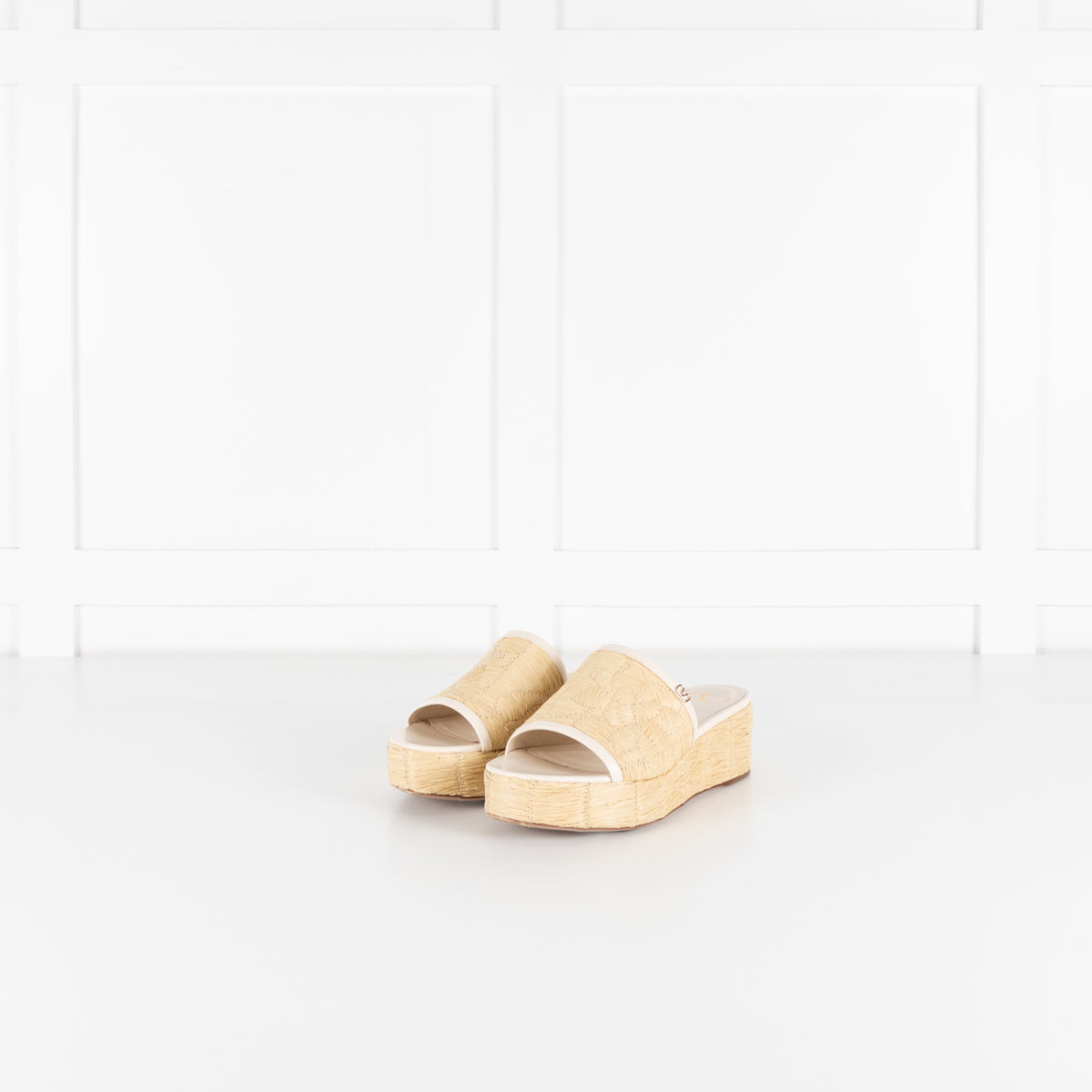 Valentino Garavani Beige Raffia Leather Platform Slides