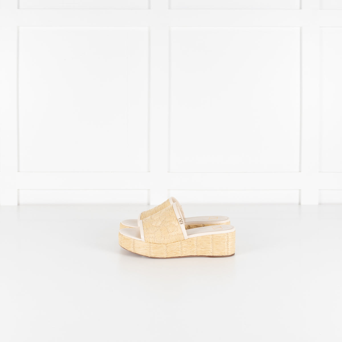 Valentino Garavani Beige Raffia Leather Platform Slides