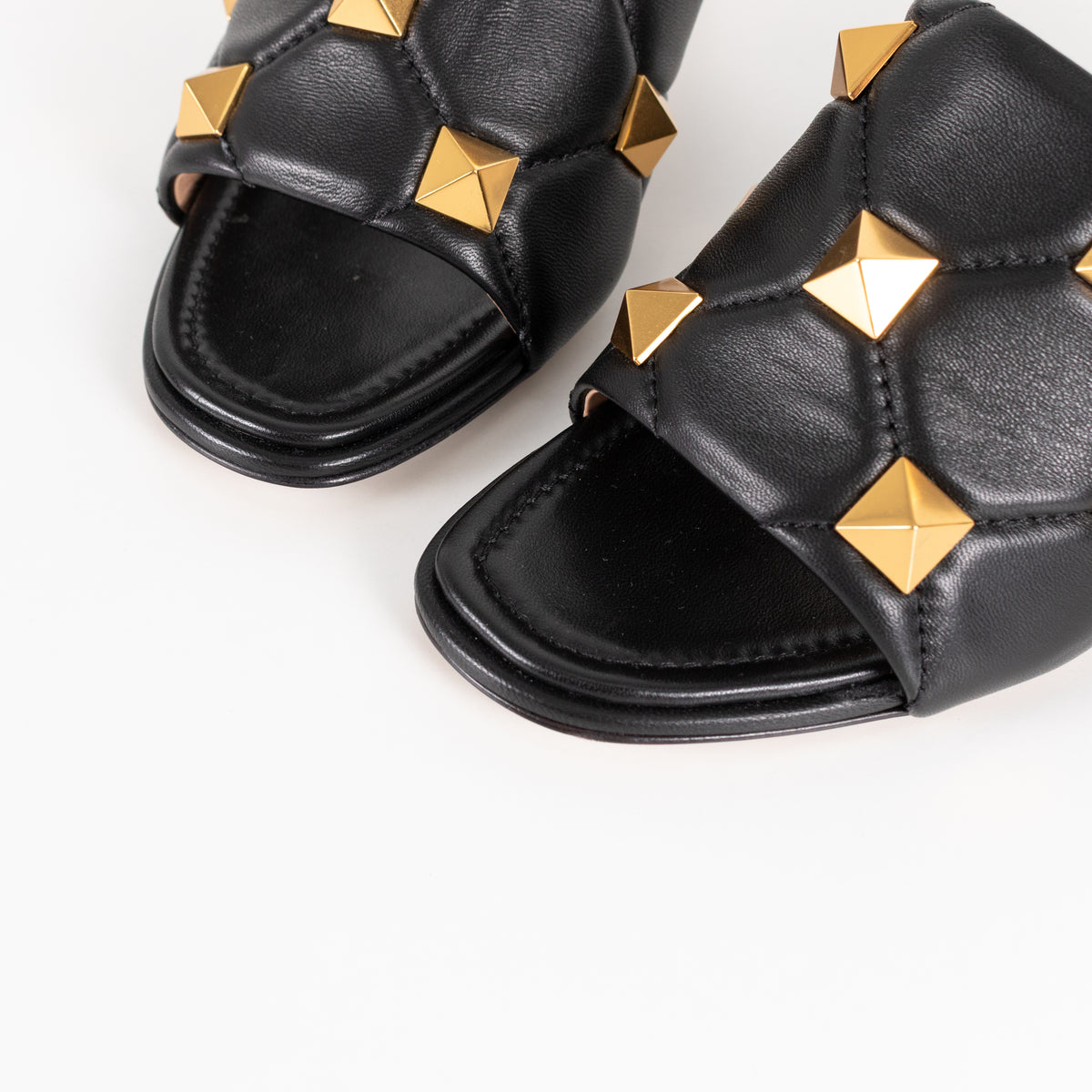 Valentino Garavani Black Roman Gold Stud Quilted Leather Slides