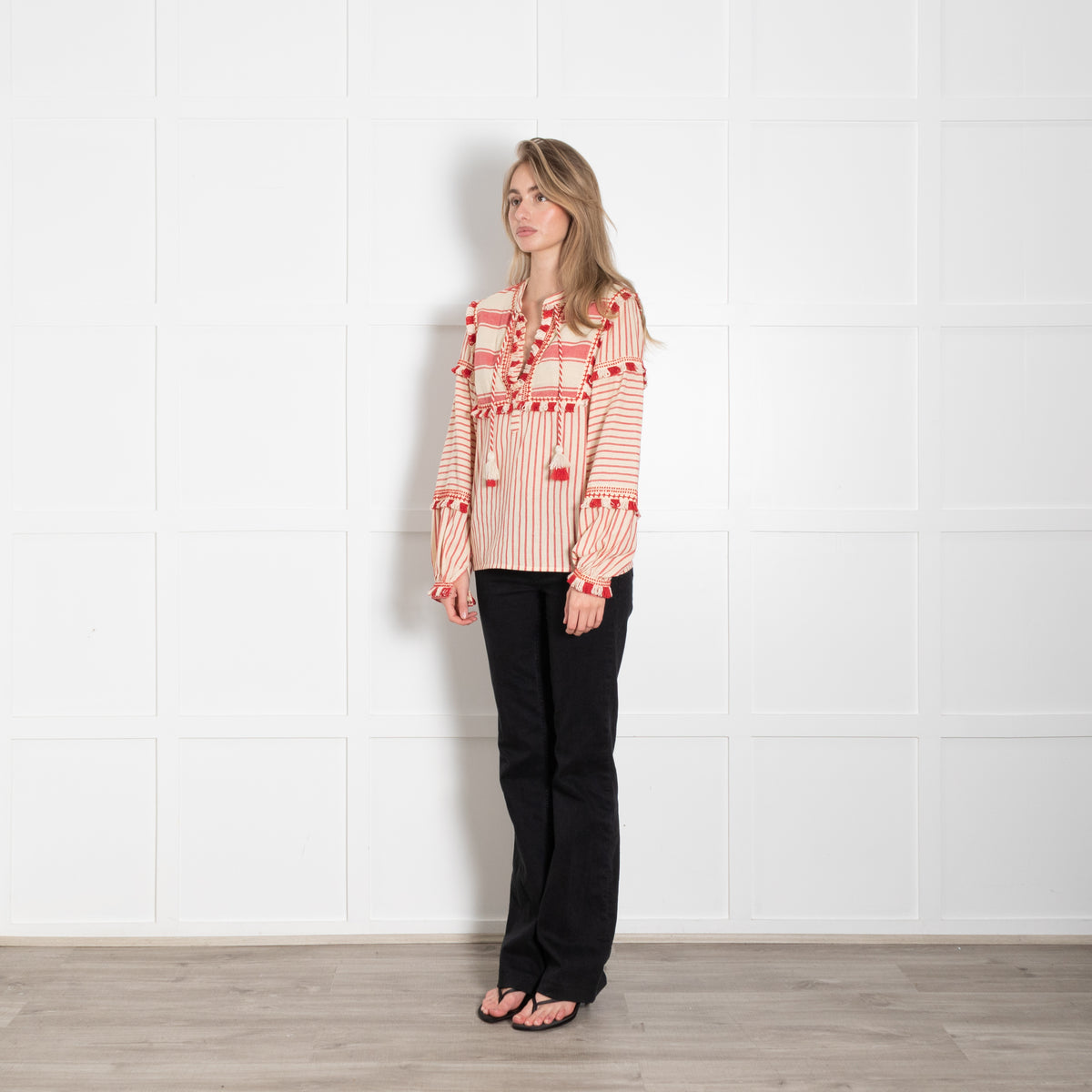 Dodo Bar Or Cream Red Cotton Fringe Trim Kaftan Top