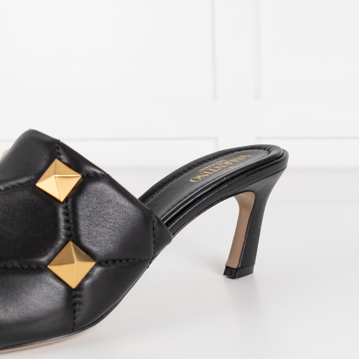 Valentino Garavani Black Roman Gold Stud Quilted Leather Slides