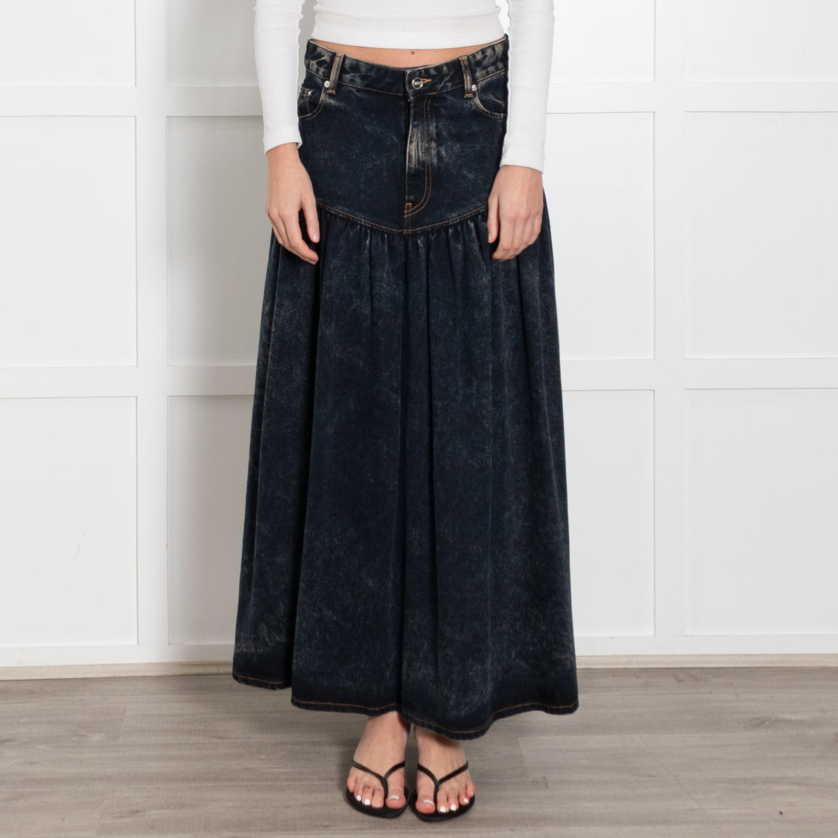 Ganni Dark Blue Stone Wash Denim Long Drop Waist Skirt