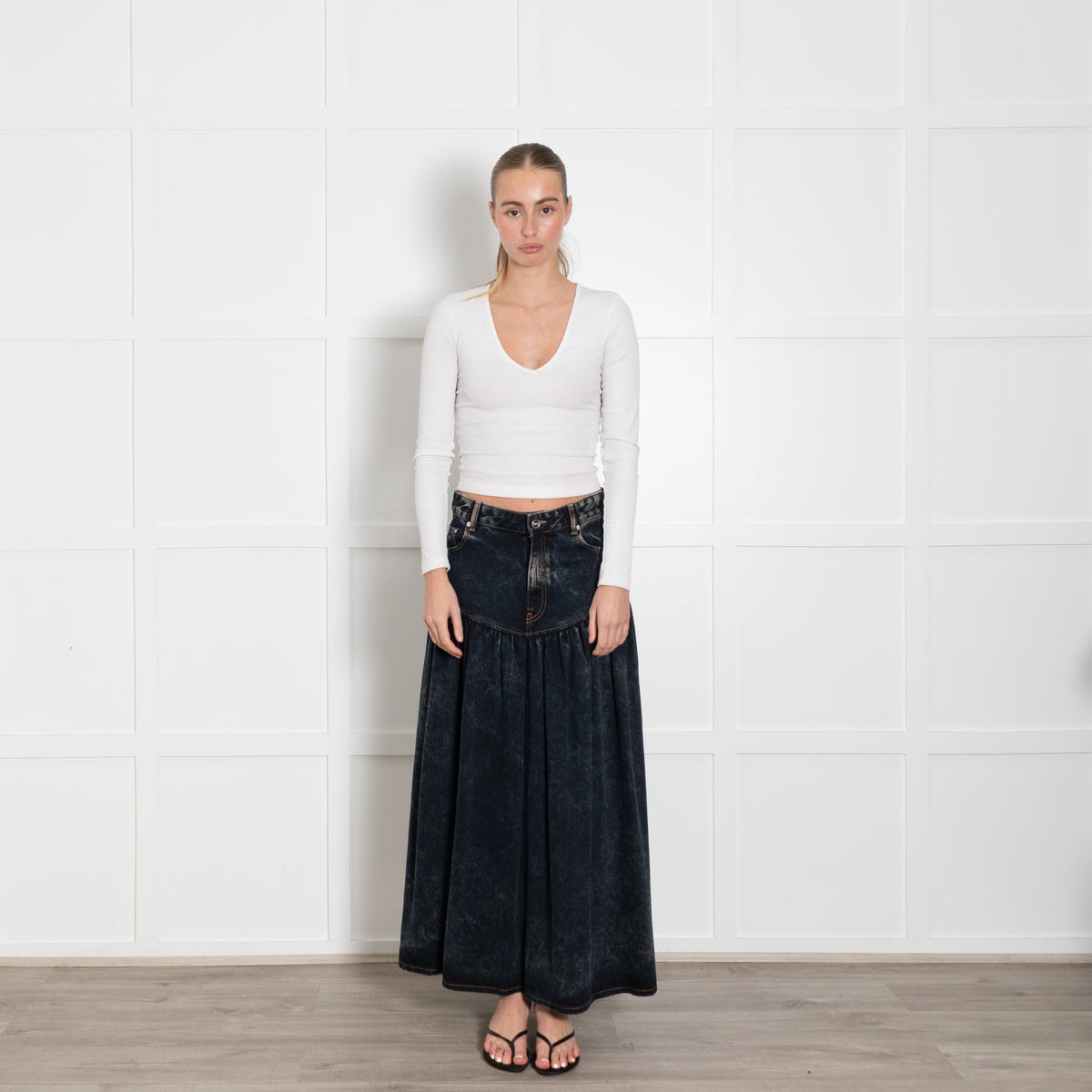 Ganni Dark Blue Stone Wash Denim Long Drop Waist Skirt
