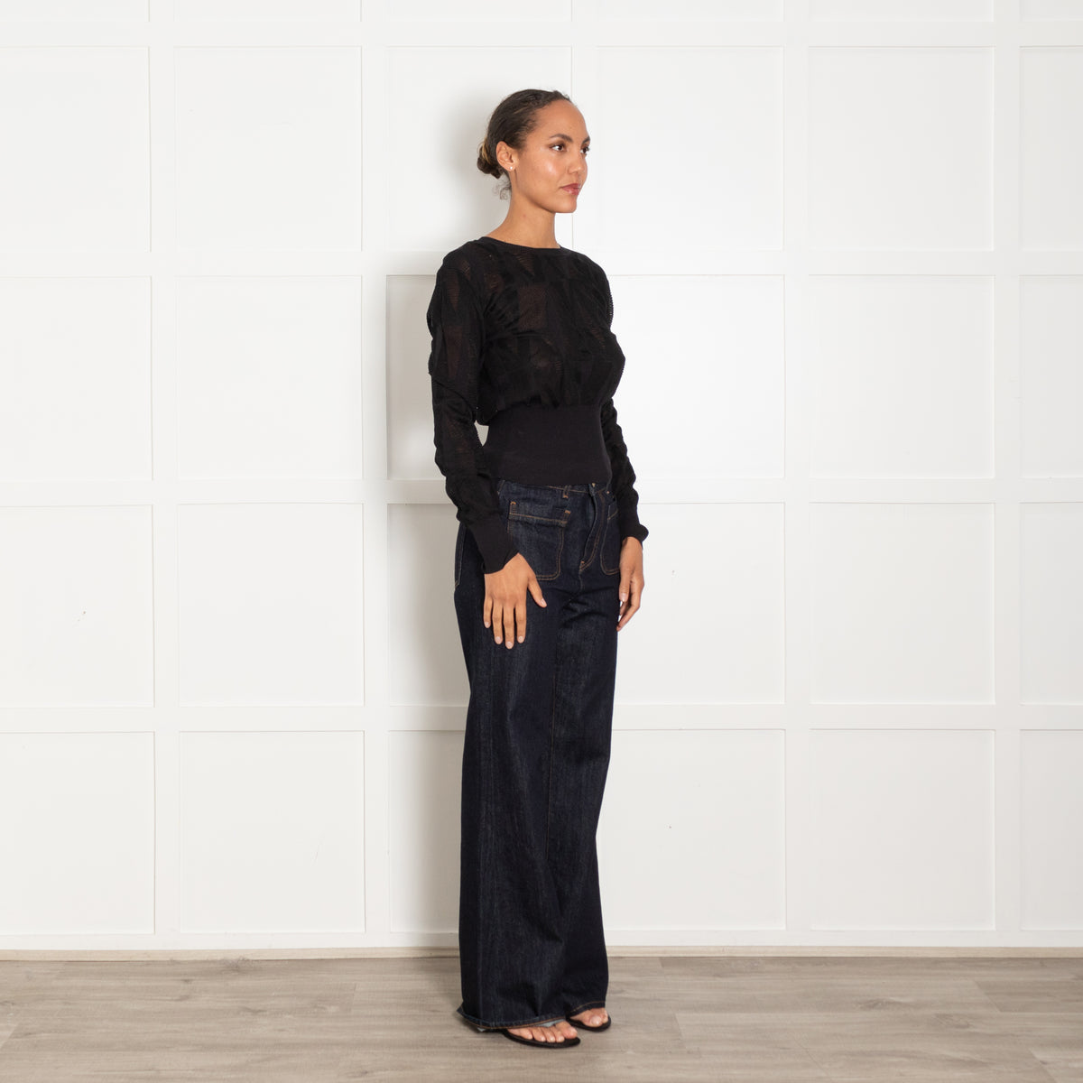 M Missoni Black Mesh Knit Cropped Long Sleeve Top